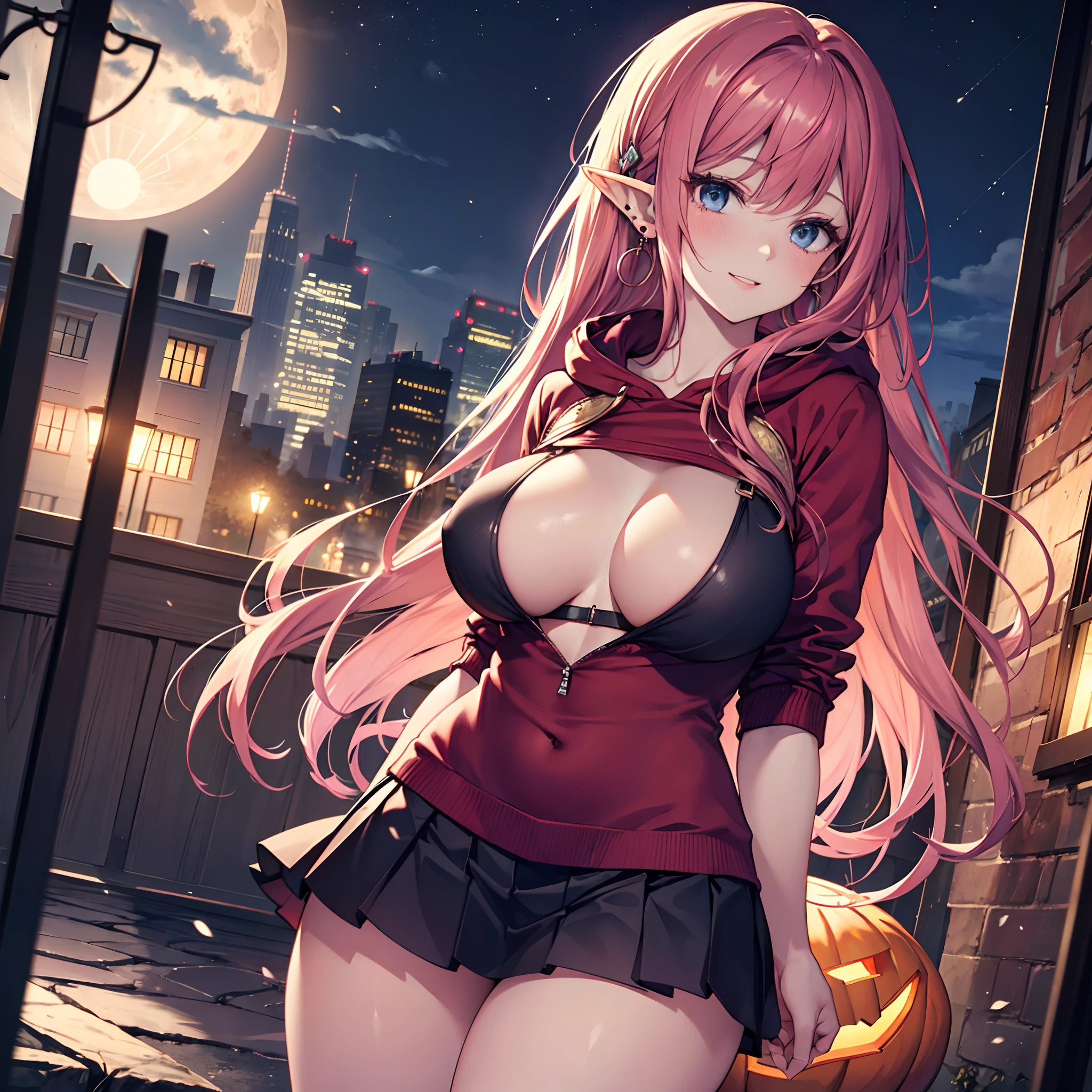 Realistic and detailed image of an elf. Dressed in a hooded sweater and pleated miniskirt. Long silky crimson red hair that is unusually shiny combed to the right. Violet-blue eyes. She has earrings, long eyelashes. She has full, smiling lips. Large breasts, slender waist, very wide hips and thick thighs. Front view. Arched back. She is posing with a city in the distance. Snowy night. Halloween atmosphere. Giant full moon.