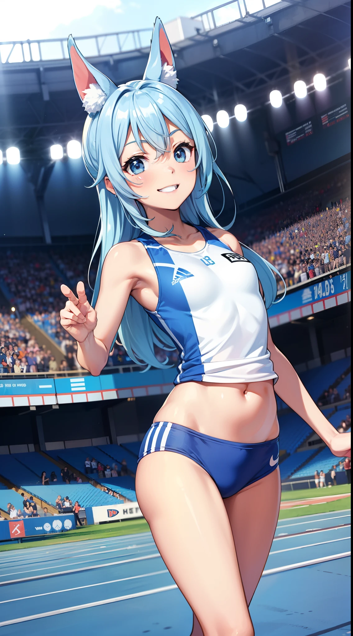 femele.(track and field). adorable smiling、Light blue long hair、Twin-tailed、(World Athletics).(Blue Track Uniforms:1.2), Sleeveless, (spectator seats).(Packed stadium).(Independent Track and Field Uniform).competition, Perfect hands, Show belly, Running