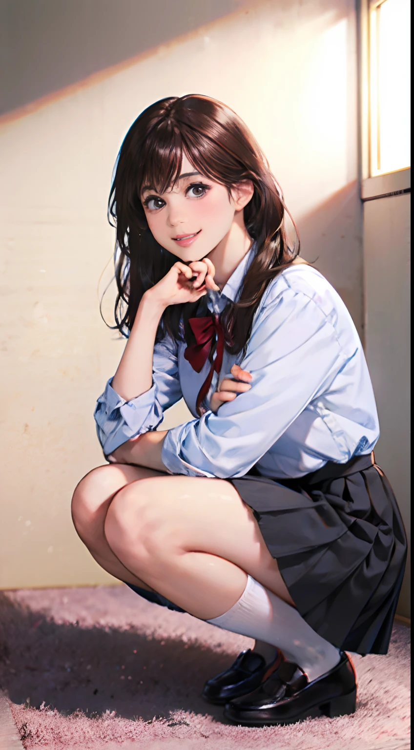 realistic, lip gloss, realistic, best quality, super high resolution, depth, pastel colors, natural shadows, focus on face, just face, looking at the viewer, long hair, brunette hair, brown and detailed eyes, (masterpiece, best quality), 1 girl, solo, from front,
(shut up), smile, parted lips,
Shiny skin, thick thighs, white panties,
School uniform, serrap, pleated skirt, loafers, black socks, crouching, indoors, looking at the audience, anatomically correct