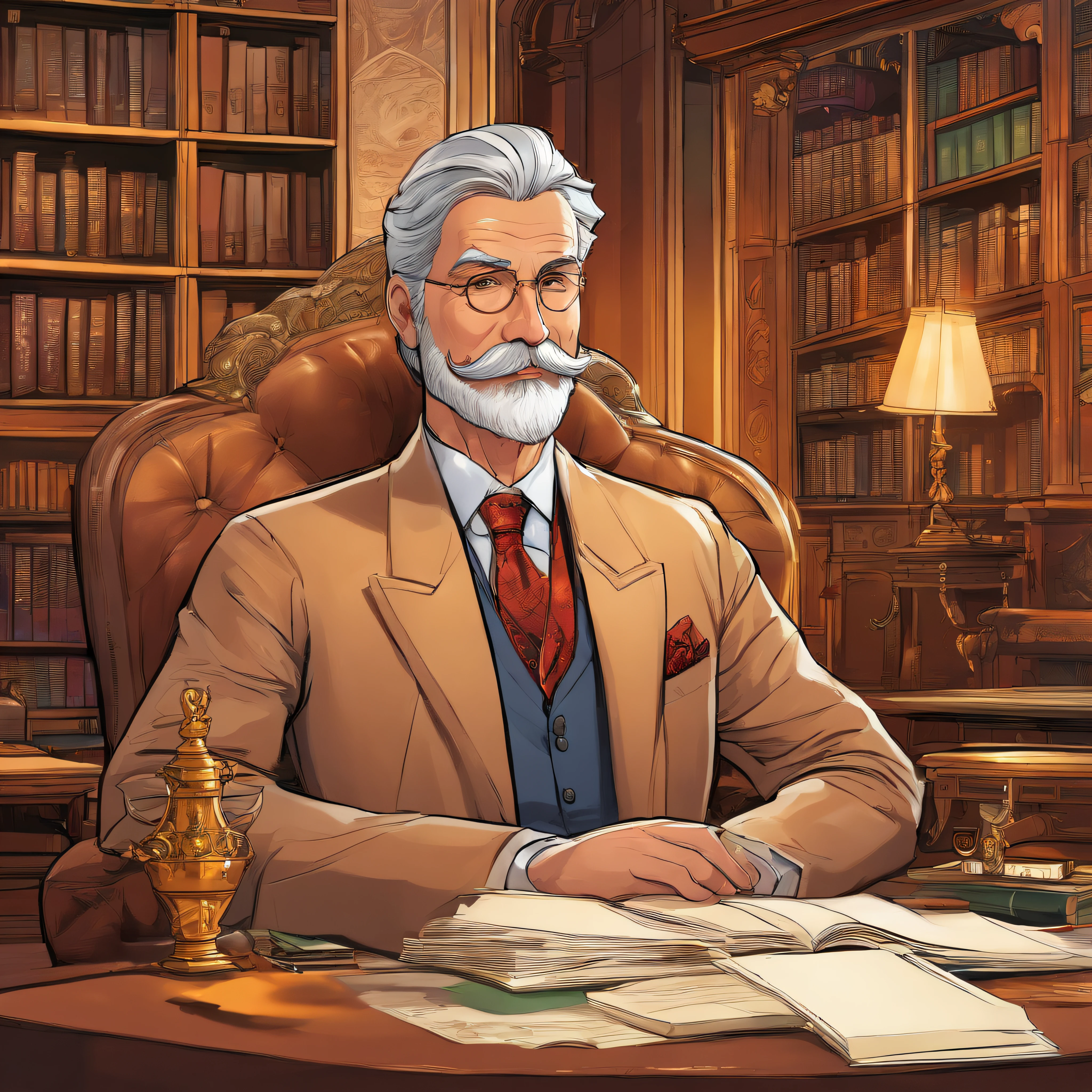 (a wealthy 65-year-old man, with salt-and-pepper hair, a prominent beard and mustache, a knowledgeable scholar). - (best quality,4k,8k,highres,masterpiece:1.2), ultra-detailed, (realistic,photorealistic,photo-realistic:1.37) - portraits, character study, mature gentleman, professor-like, sophisticated - rich, luxurious surroundings, opulent mansion, antique furniture, grand library - reading a book, holding a magnifying glass, wearing a classic suit, with cufflinks - wise and intelligent expression, deep concentration, furrowed brows - warm color palette, with earth tones, gold accents, and gentle lighting