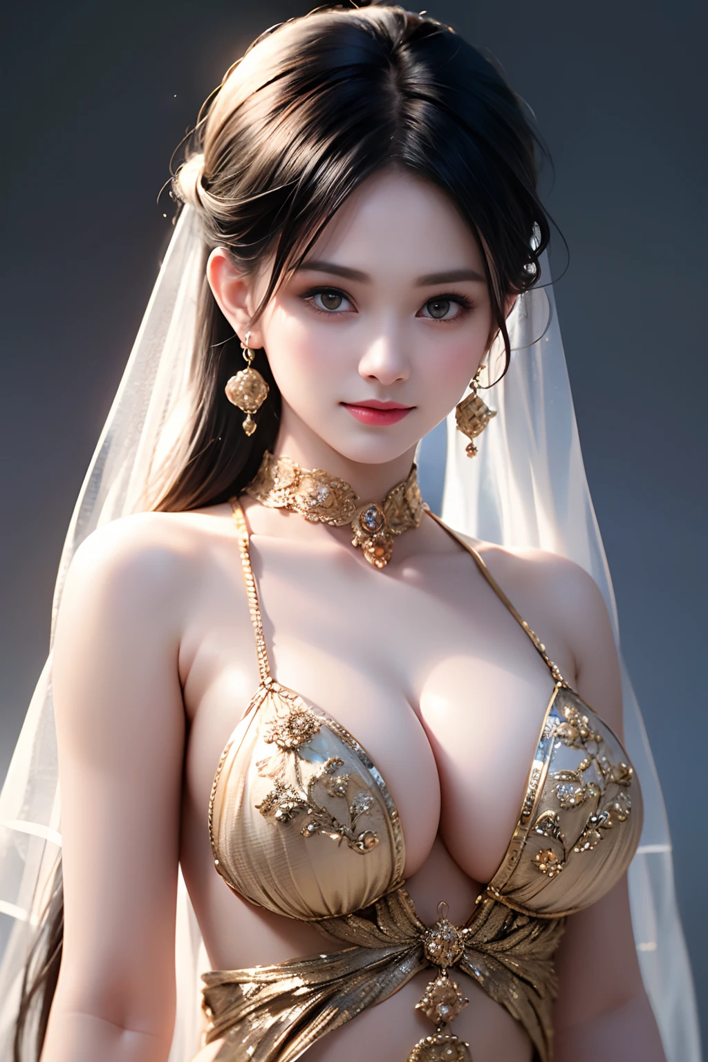 Highest Quality, Highest image quality, RAW Photos, Realistic, Photorealsitic, ultra detailed and beautiful, highest details, 1young girls, good-looking, Beautiful fair skin and luster, Beautiful eyes are big and bright, Small mouth and thin lips, Long black hair blown in the wind, Goodness of style and slenderness, (Beautiful big breasts:1.3), She has a cheerful personality and a cute smile......, Natural makeup, Pearl Pin Crips, (Fantasy see-through costume with cute details and wide breasts:1.5), Cute little girl s, beautiful girl illuminated by seven colors of light, Irridescent color,