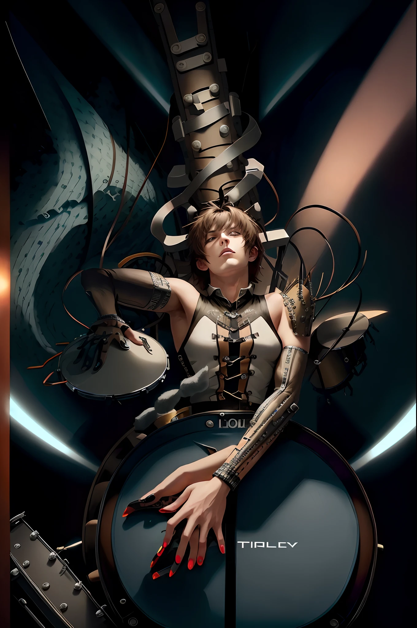 nsfw. abstract. Full length photograph of bare skin. Plain red background. Mobius style. She is wearing a chain costume. Blue and gold marbled marble sculpture of crouching heroine in profile.