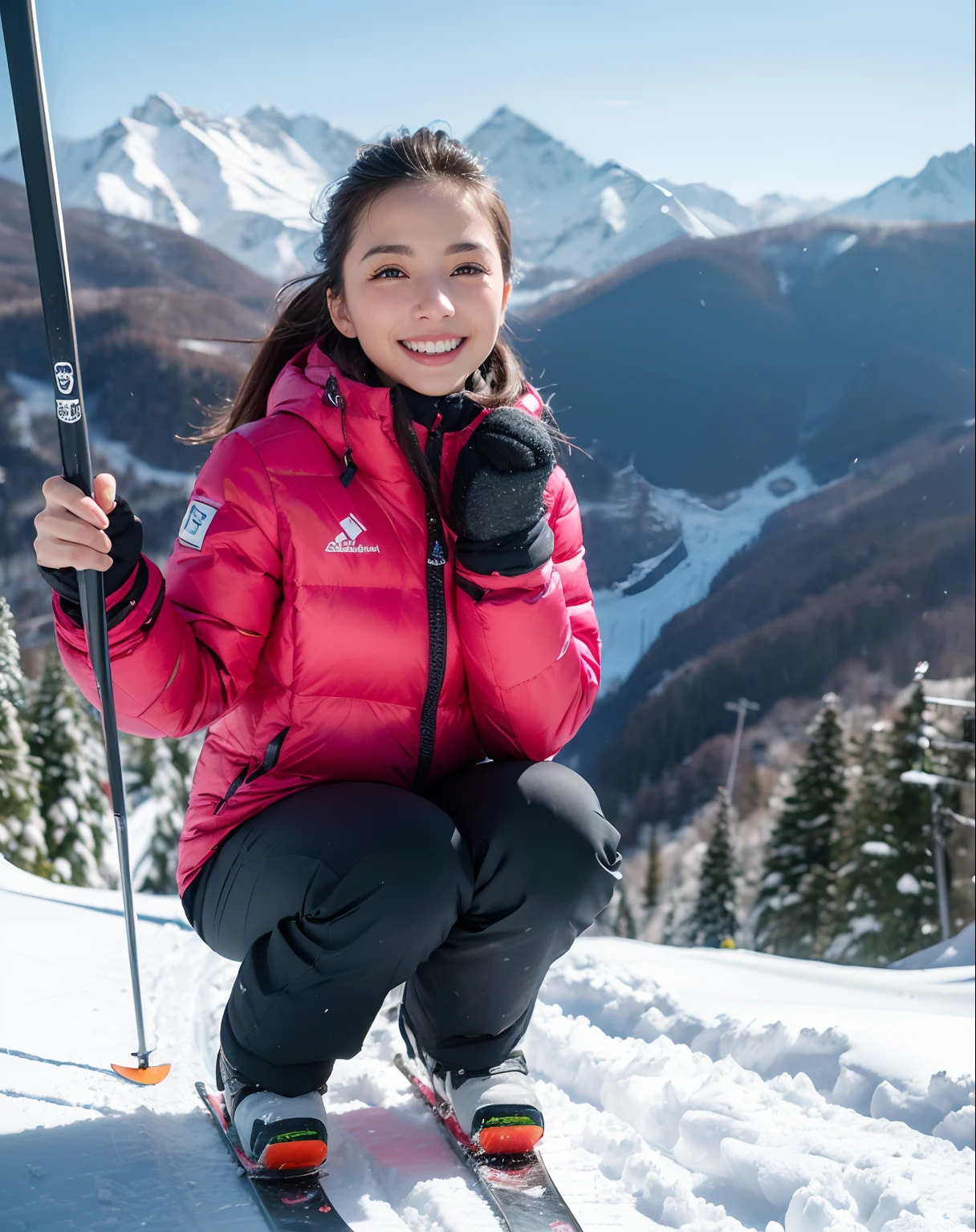 ((1 beautiful girl,Half Japan and half Spanish,1 girl in,Running on the slopes,Shot close to the face,I'm smiling here,Photo from the knee up,Ski Gloves,Pink and white ski wear,Full body ski wear,skiing,Ski Stick,The biggest smile in camera gaze))、((Phenomenally cute face,large full breasts,From the knee up,de pele branca,Clean teeth with glowing skin,perfect teeth,White teeth,finerly detailed face,Quality and beautiful face,Clear and beautiful face,Perfect smile,Perfect fingers,Perfect hands,Accurate 5 fingers)),((snowscape,Snow piles up,rays of sunshine,Shining snow,The background is a ski resort,Large ski lift available,Large ski gondola available)),((high-definition RAW color photography, professional photograpy, extremely delicate and beautiful, Extremely detailed,finely detail, Huge file size,Top image quality,8K,Photos taken with a single-lens reflex camera))