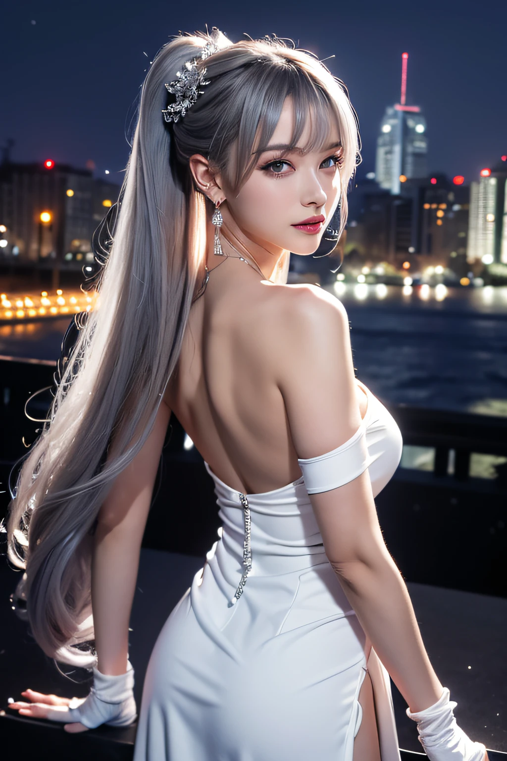view from back、(Realistic painting style:0.9), masutepiece, Best Quality,  absurderes, Looking at Viewer, Solo, bronya zaychik (silverwing n-ex), bronya zaychik, Red pupils, 1girl in, Solo, breasts, Long hair, Dress, Grey Hair, cleavage, Looking at Viewer, Smile, Closed mouth, Bangs, grey  eyes, Jewelry, single glove, earrings, Mini white dress, gloves, Bare shoulders, Sleeveless mini dress, Drill Hair, Sleeveless, Single sleeve, hair between eye, Large breasts, twin drills, White sleeves, Hair Ornament, Single-pole drone, city, Night、Poses with different movements、view from back