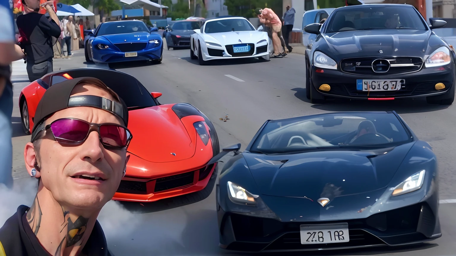 Man in sunglasses and cap standing in front of a car, many exotic cars, Miniatura do YouTube, 🔞🤡, ostentando sua riqueza, 🤬 🤮 💕 🎀, 🔥 😎 🕹️ 👀, no watermarks, youtube video screenshot, Sweden, television show, f 1 motorista charles leclerc, 🕹️ 😎 🔫 🤖 🚬