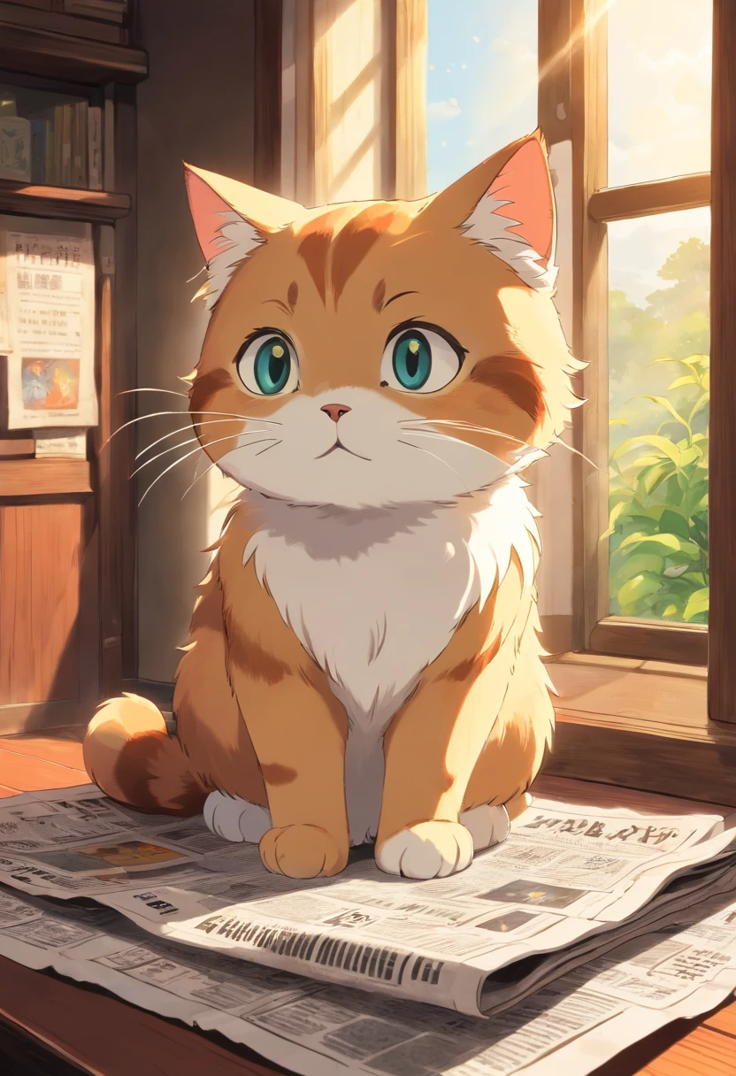 A round-eyed cute cat,Read the newspaper, Sunlight outside the window