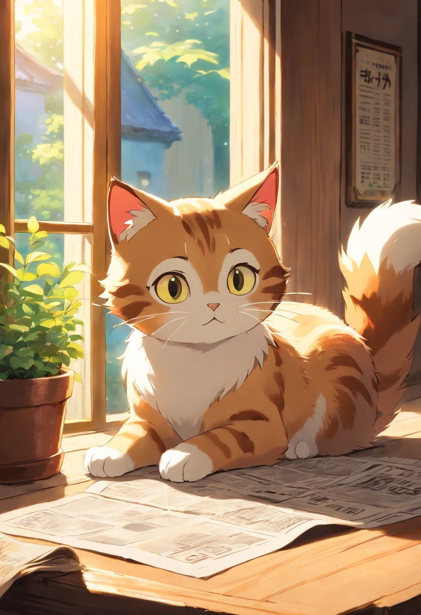 A round-eyed cute cat,Read the newspaper, Sunlight outside the window