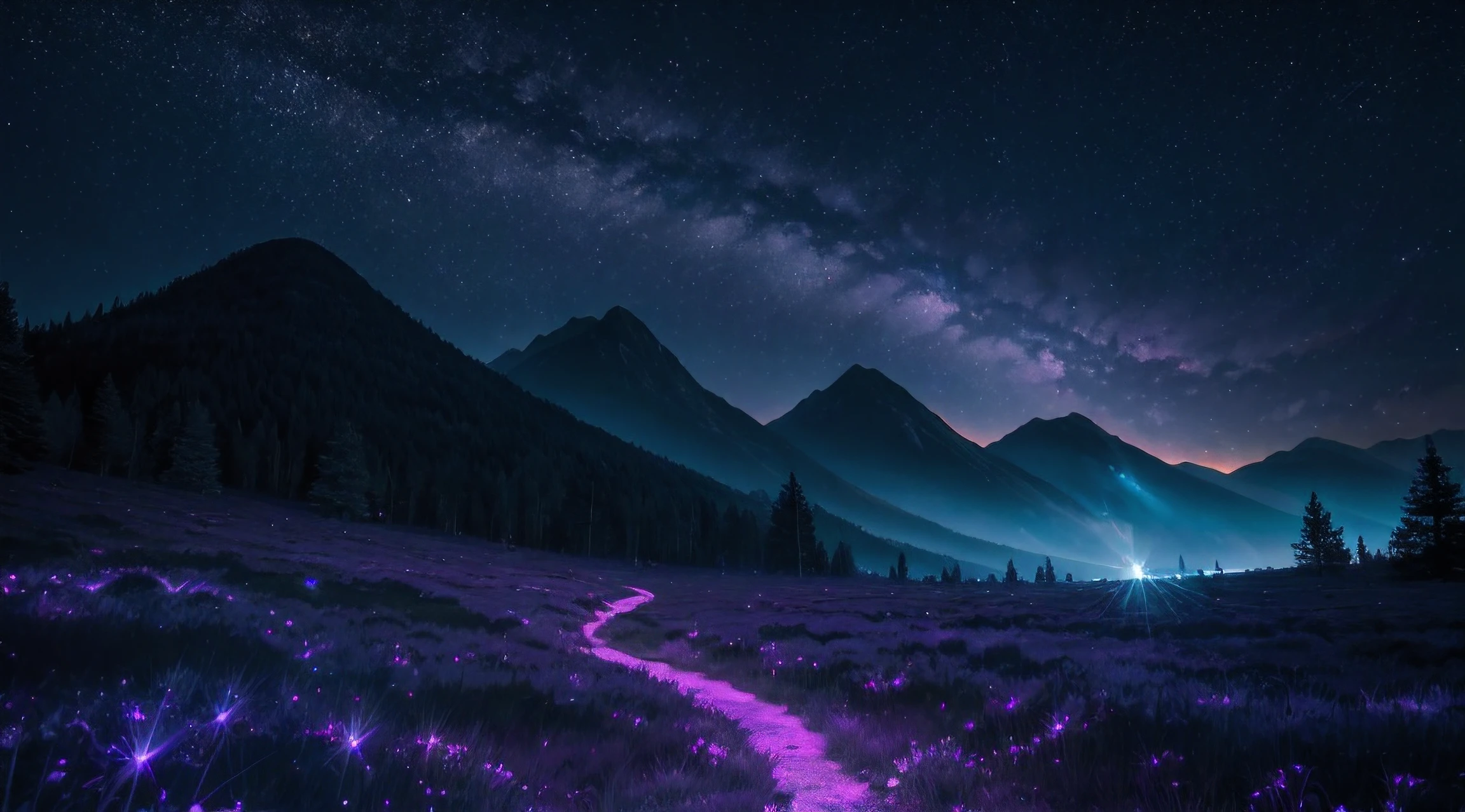 Expansive landscape photograph , (View from below,Displays the sky above and the clearing below), ( meteors:0.9), (Starcloud:1.3), Far Mountain, Trees are broken into art, (Warm light source:1.2), (Firefly:1.2), A lot of purple, Volumetric lighting BREAK (Masterpiece:1.2), (Best quality), 8K, ( Iridescent colors:1.2), (luminouslighting, Atmospheric lighting), magical, (Solo:1.2)