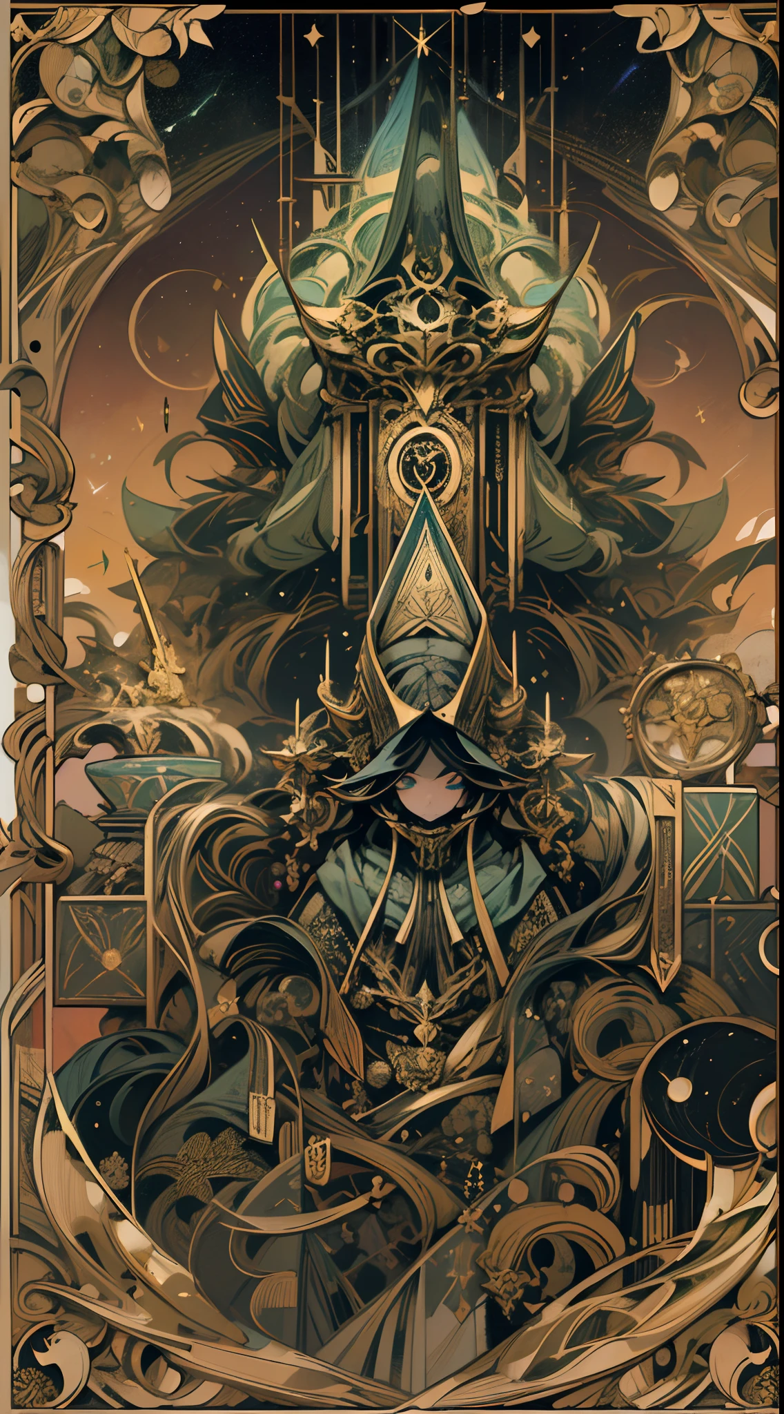 tarot cards，Full tarot border，(The image is surrounded by a tarot card-style border:1.8), 1 huge robot，Up，8k wallpaper,finely quality eyes，Right eyes，correct hand， Ultra-detailed, Beautiful and aesthetically pleasing, tmasterpiece, best qualityer, (s fractal art: 1.3), dynamic angle，cruel，Stands，In ruins，scientific fiction，Space fighters， cowboy lens, The most beautiful forms of chaos, Fauvistdesign, vivd colour, romanticism lain, Cyberpunk style，（Background with：Large expanses of nebulae, Gaseous planet，event horizon，Infrared，Telescope，moons），Vintage style，（zentangle，datura，Tangles，entangled）， (s fractal art: 1.3)，holy rays，gold foil，Gold leaf art，glitter drawing，Full tarot border，（Full border 1.5）