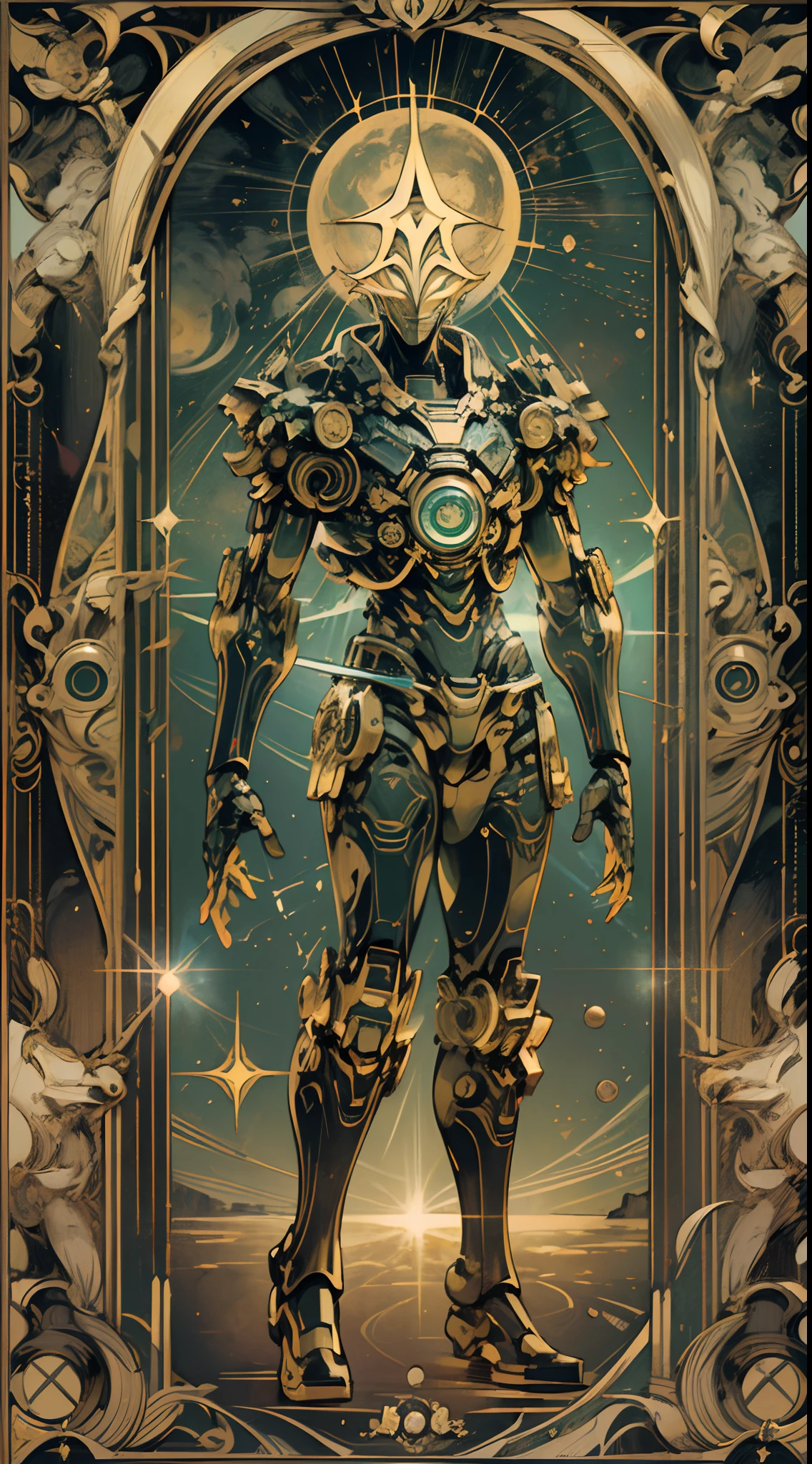 tarot cards，Full tarot border，(The image is surrounded by a tarot card-style border:1.8), 1 huge robot，mecha，Up，8k wallpaper,finely quality eyes，Right eyes，correct hand， Ultra-detailed, Beautiful and aesthetically pleasing, tmasterpiece, best qualityer, (s fractal art: 1.3), dynamic angle，cruel，Stands，In ruins，scientific fiction，Space fighters， cowboy lens, The most beautiful forms of chaos, Fauvistdesign, vivd colour, romanticism lain, Cyberpunk style，（Background with：Large expanses of nebulae, Gaseous planet，event horizon，Infrared，Telescope，moons），Vintage style，（zentangle，datura，Tangles，entangled）， (s fractal art: 1.3)，holy rays，gold foil，Gold leaf art，glitter drawing，Full tarot border，（Full border 1.5）