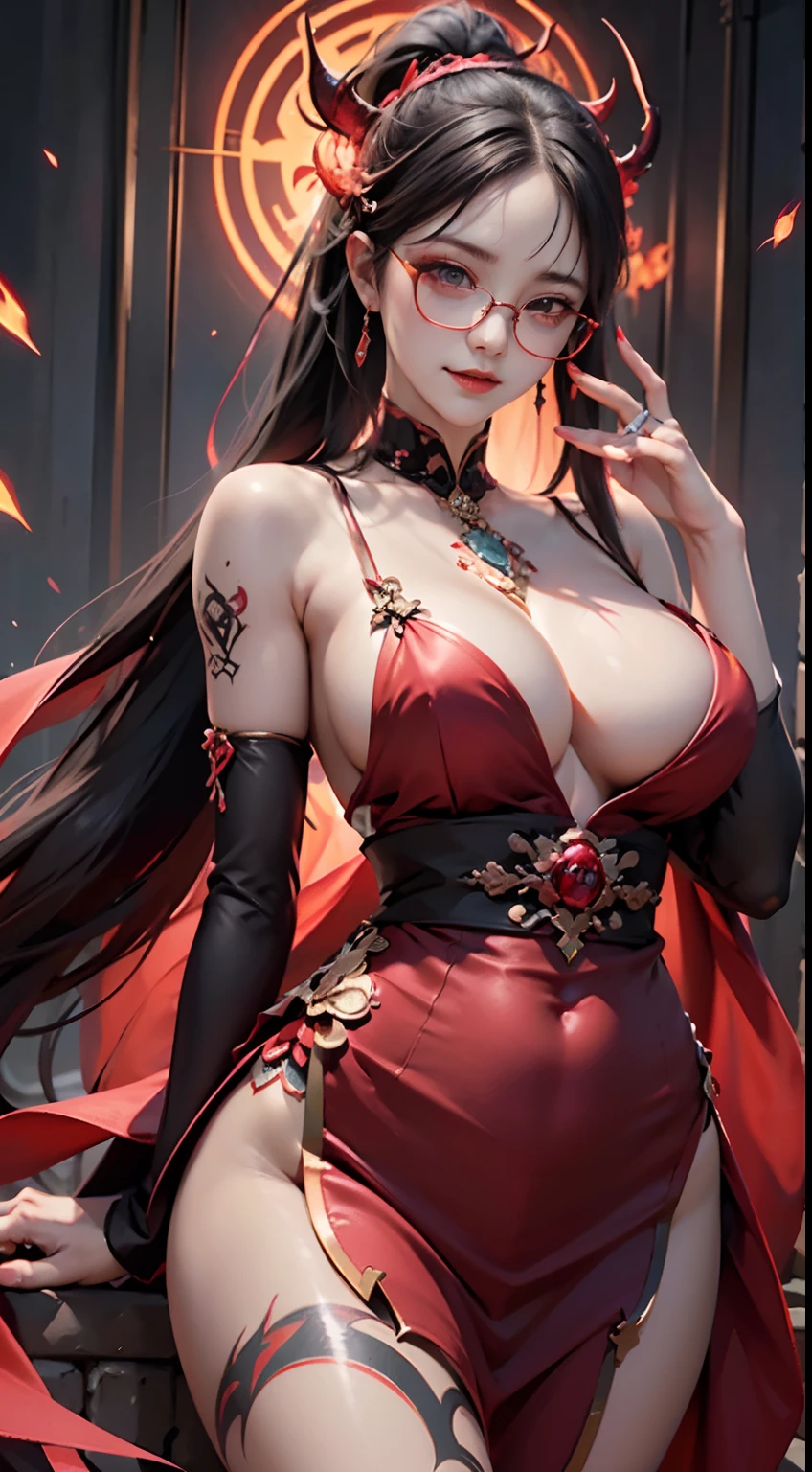 Fine、(The best illustrations)、8k UHD resolution、intricate-detail、top-quality、realisitic、ultra-detailliert、The best lighting、Best Shadows、Soft lighting、Ulutra HD、Ultra-realistic、Tindall Effect、Photorealsitic、(High Detail Skins:1.2)、 (Intricate details, makeup, pureerosface_v1:0.5), (Detailed beautiful delicate face, Detailed beautiful delicate eyes, A perfectly proportioned face, High detailed skin, Detailed skin, best ratio four finger and one thumb, arms below breasts, Tattoo with a red glow under the stomach、Awesome awesome, wide hips, smooth midriff, skiny and thin, __Fashion__, __hair__:1.25)、Digital SLR、 absurderes、1 beautiful devil woman from hell, surreal female portraits by David Hockney and Alphonse Mucha, Seductive Woman、Fantasy Art, Chinese Doll、Chinese actress、Dungeon、The dragon、Devil's Palace、Devil's Torture Chamber、natta、Dark style 、In the Dark、(Detailed spooky backgrounds:0.8), magia、 1人、Evil Nun、Dark Necromancer、Succubus、Devil's Daughter、Umi Shinonome、Bat Wings,(((Demon Horns)))、 ((((Huge glasses, Otaku Glasses, thick glasses, Round glasses)))),(((Colossal tits)))、(Devil's Tail)、(red eyes glowing:1.6)、red eyes make up very sharp and detailed, The eyes are very well made up, ((Red Eye:1.0)),intricate tattoos, demonic intricate tattoos, thigh tattoos, body tattoos, masterpiece、The most beautiful face、a baby face、Charming smile、plump beautiful red lips、Muscular seductive body、The enchanting body of the devil、devil style、Seductive Black Magic Costume、(((A shiny red snake is wrapped around her body)))、The long-haired、Braids、Black hair、Ponytail distortion、, Ponytail with a bow tied at the back of the hair, Beautiful expression、Body Up、Large breasts emphasis、Bust, Super tight breasts, Breast augmentation surgery, The breasts are very big and round and round,Toned waist、Wide buttocks、 lowkey, cowboy lens, (red phoenix dress: 1.0), devil crown, Red sparkling gemstone necklace、Jewelry Gwise, wearing black mesh socks,wearing a thin red and black robe, H