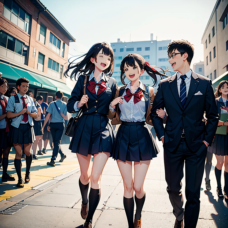 Many boys and girls, Classmates in uniform, Laughing in the background of the school building, Frolicking