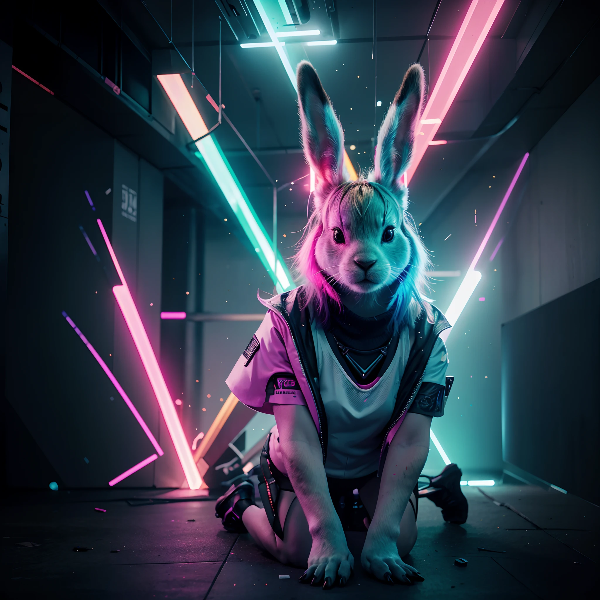 Generate an image of an adorable cyberpunk-inspired bunny in a futuristic urban setting. The bunny should be depicted with futuristic accessories, such as neon-colored cybernetic implants, and a metallic collar. Its fur should have vibrant, unnatural colors. Place the bunny in a dynamic and neon-lit cityscape with holographic billboards and futuristic architecture. Capture the fusion of cuteness and cyberpunk aesthetics in high-definition detail."