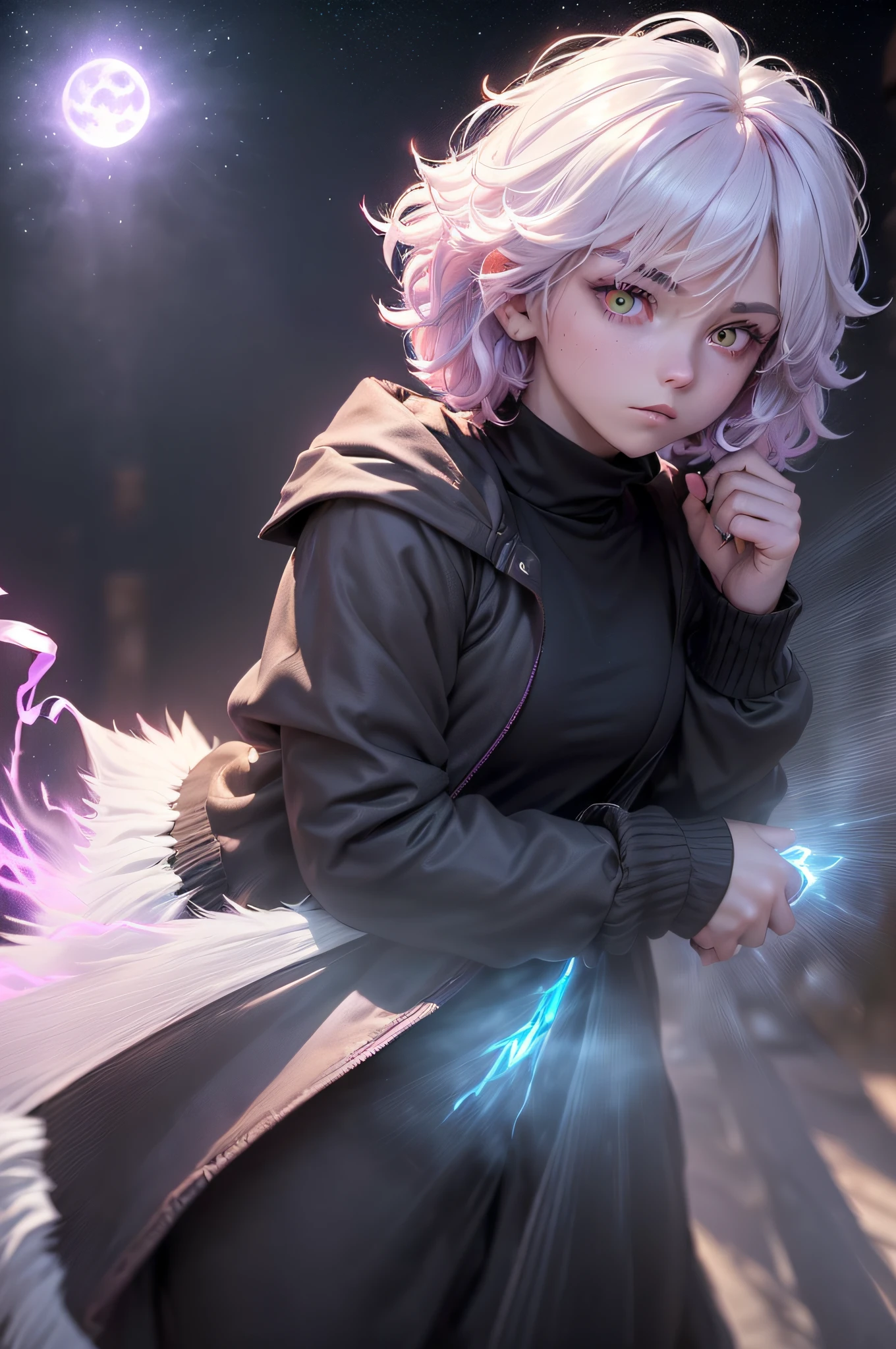 (One) Adult female (about 18) with ((Short fluffy adult hair)), ((Tomboyishly masculine hairstyle fluffy, wavy striaght shoulder-length pink hair) and (Glowing pink lavendar glowing eyes.)) Wearing a (((black jacket))) with a ((green sweater)) underneath, and blue jeans.)) (Extremely detailed) (8k) (masterpiece) (((Weilding nightshade coloured superpowers with ice and mist and spiritual spirit superpowers from hands))) (((Nightshade powers and glowing eyes flowing all around background))) (((Magical))) ((Background is a dark forest)) ((small small fluffy cat ears not too large on head)) ((Moon above head)) (((Short, Tomboyishly masculine hairstyle fluffy, wavy shoulder-length hair))) (((Short hairstyle))) ((((Short fluffy tomboy hairstyle)))) ((((Glowing white eyes)))) ((Adult size and look))