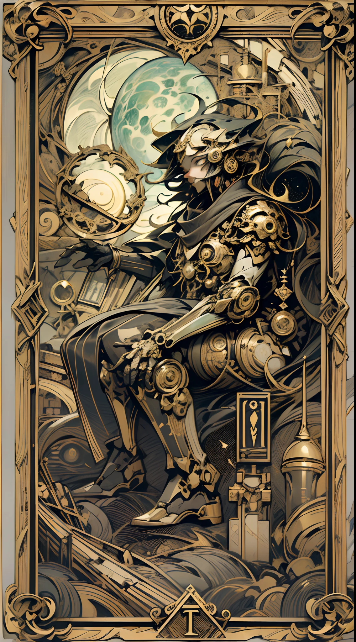 tarot cards，Full tarot border，(The image is surrounded by a tarot card-style border:1.8), 1 huge robot，mecha，Up，8k wallpaper,finely quality eyes，Right eyes，correct hand， Ultra-detailed, Beautiful and aesthetically pleasing, tmasterpiece, best qualityer, (s fractal art: 1.3), dynamic angle，cruel，Stands，In ruins，scientific fiction，Space fighters， cowboy lens, The most beautiful forms of chaos, Fauvistdesign, vivd colour, romanticism lain, Cyberpunk style，（Background with：Large expanses of nebulae, Gaseous planet，event horizon，Infrared，Telescope，moons），Vintage style，（zentangle，datura，Tangles，entangled）， (s fractal art: 1.3)，holy rays，gold foil，Gold leaf art，glitter drawing，Full tarot border，（Full border 1.5）