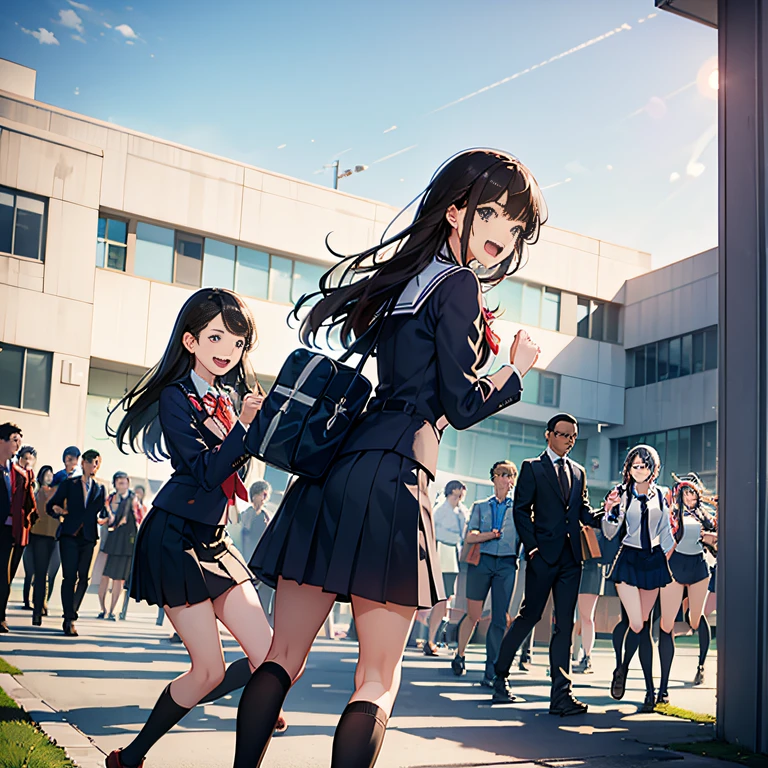 Many boys and girls, Classmates in uniform, Laughing in the background of the school building, Frolicking