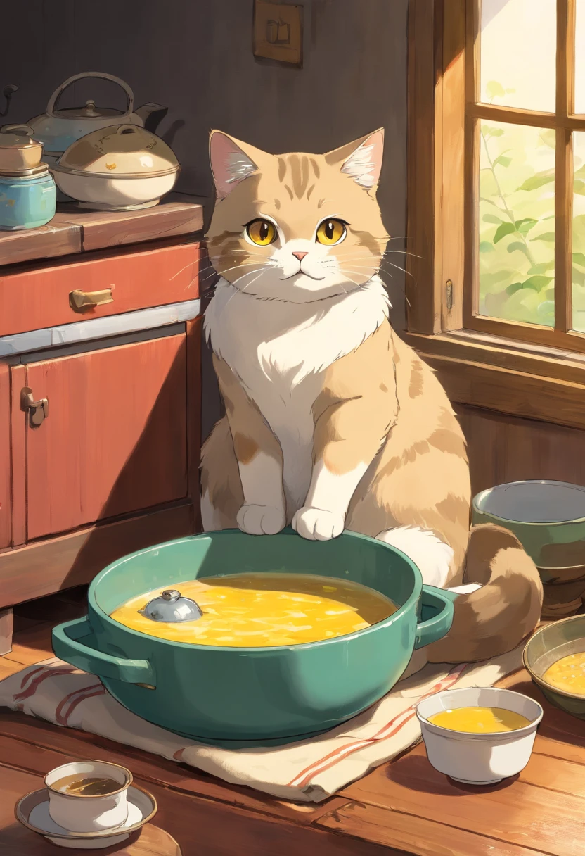 there is a cat that is sitting in a yellow bowl, scottish fold, smokey, photo of a cat, there is full bedpan next to him, a cute cat, cute furry needs your help, cute cat, curious expression, by Emma Andijewska, staring at you, looking content, grey-eyed, curious eyes, smoky