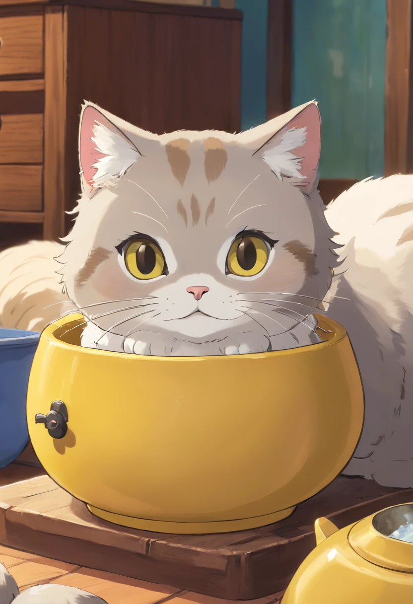 there is a cat that is sitting in a yellow bowl, scottish fold, smokey, photo of a cat, there is full bedpan next to him, a cute cat, cute furry needs your help, cute cat, curious expression, by Emma Andijewska, staring at you, looking content, grey-eyed, curious eyes, smoky