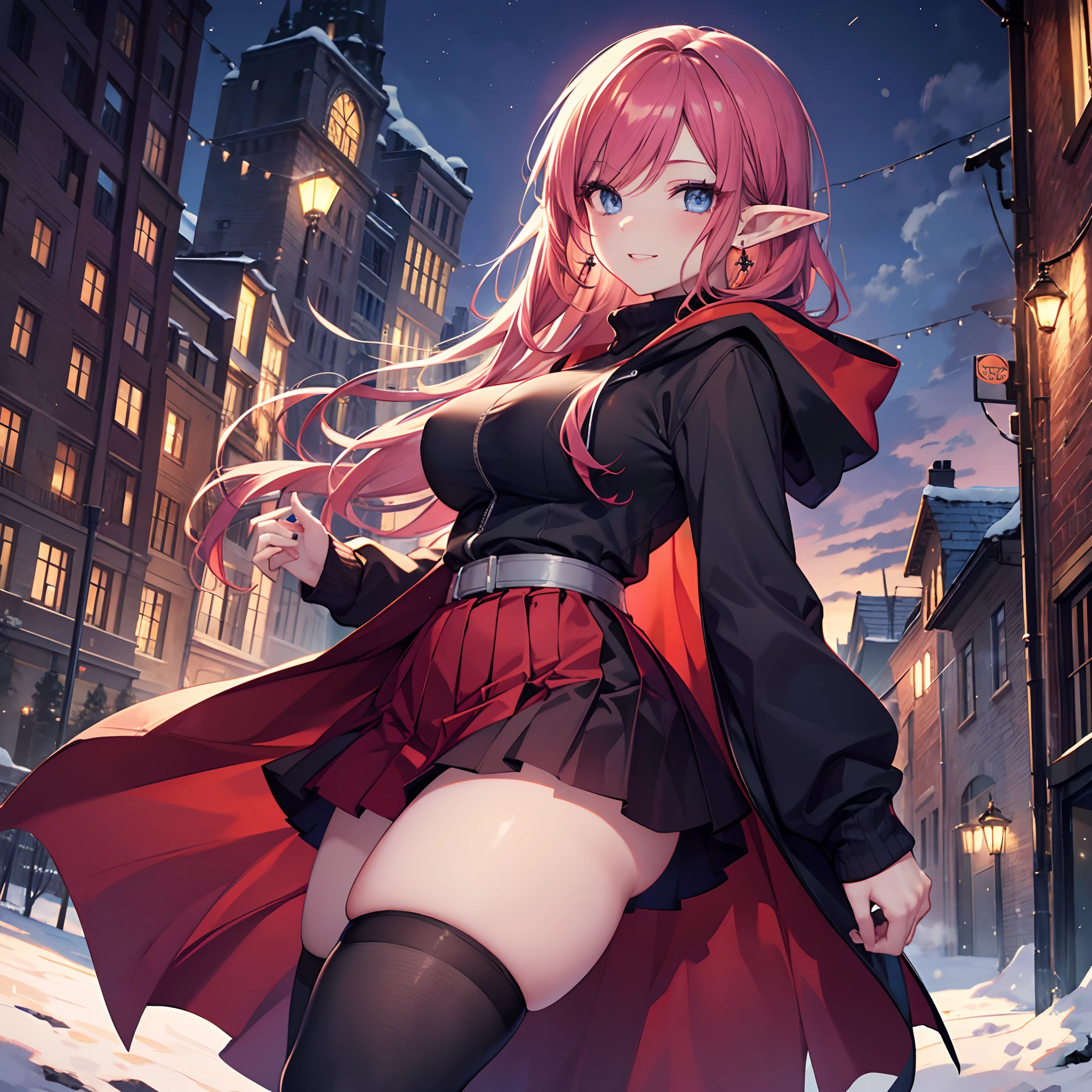 Realistic and detailed image of an elf assassin. Dressed in a hooded sweater and pleated miniskirt. Long silky crimson red hair that is unusually shiny combed to the right. Violet-blue eyes. She has earrings, long eyelashes. She has full, smiling lips. Large breasts, slender waist, very wide hips and thick thighs. Front view. Arched back. She is posing with a city in the distance. Snowy night. Halloween atmosphere. Giant full moon.