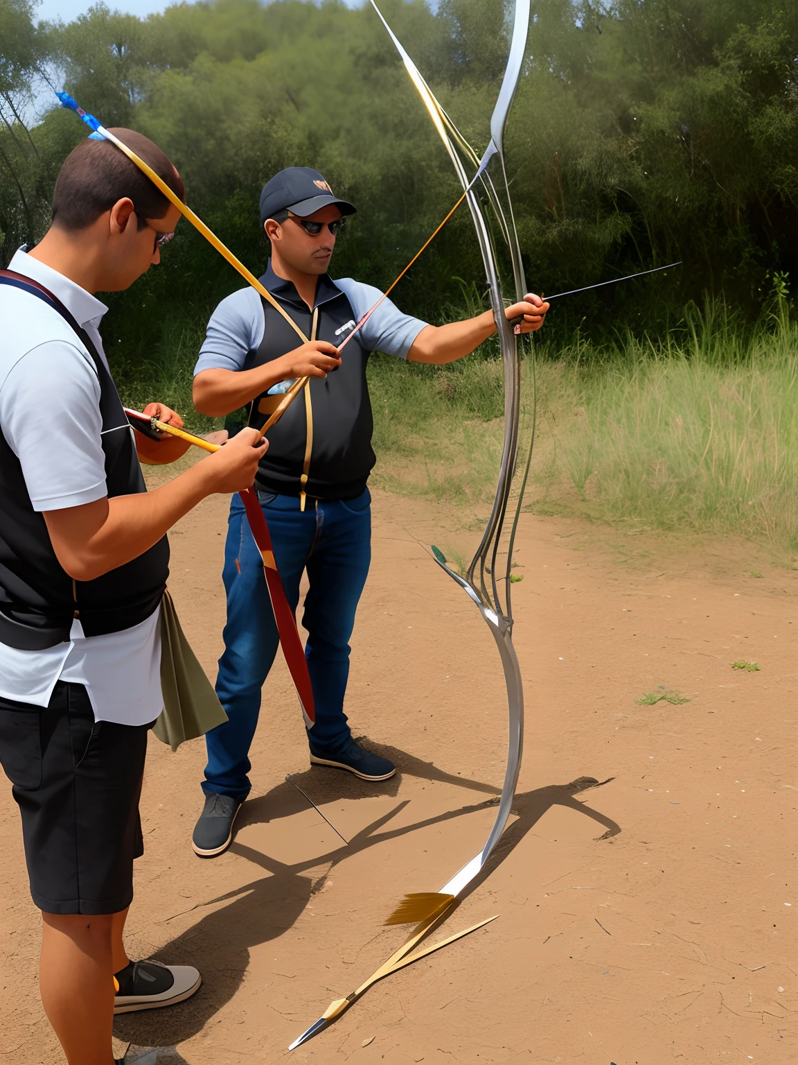 A Contemporary Silver and Gold Bow and Arrow Preparation to Fire the Arrow with the Word "ELKEBALO" na ponta