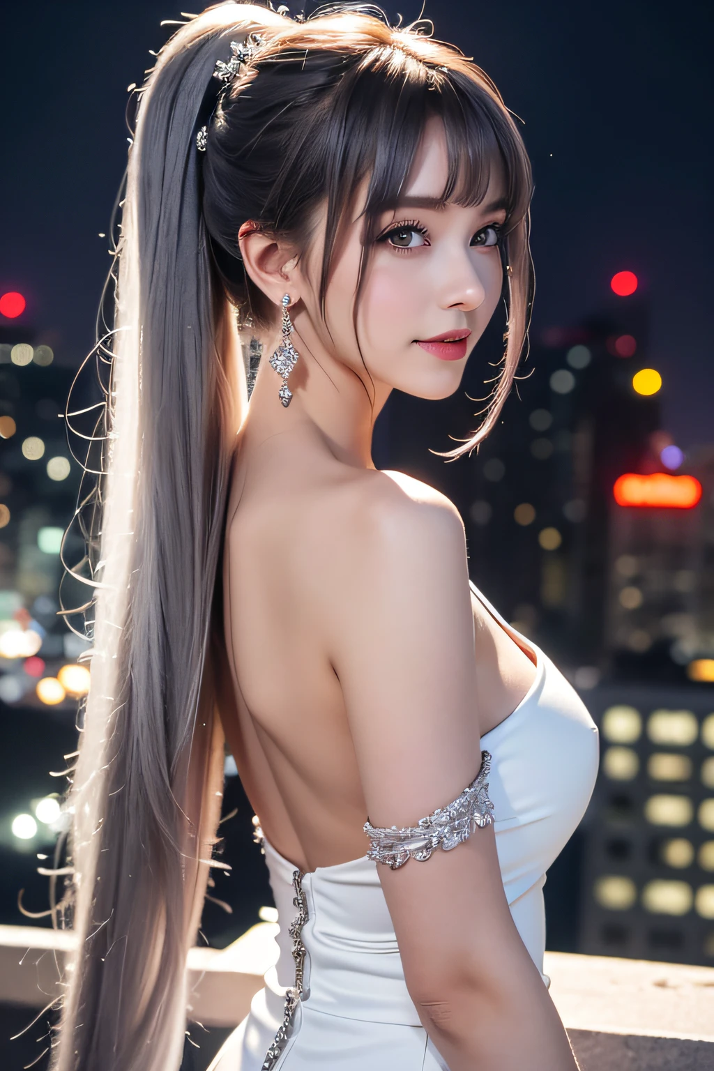 view from back、(Realistic painting style:0.9), masutepiece, Best Quality, absurderes, Looking at Viewer, Solo, bronya zaychik (silverwing n-ex), bronya zaychik, Red pupils, 1girl in, Solo, breasts, Long hair, Dress, Grey Hair, cleavage, Looking at Viewer, Smile, Closed mouth, Bangs, grey eyes, Jewelry, single glove, earrings, White Dress, gloves, Bare shoulders, Sleeveless dress, Drill Hair, Sleeveless, Single sleeve, hair between eye, Large breasts, twin drills, White sleeves, Hair Ornament, Single-pole drone, city, Night、view from back