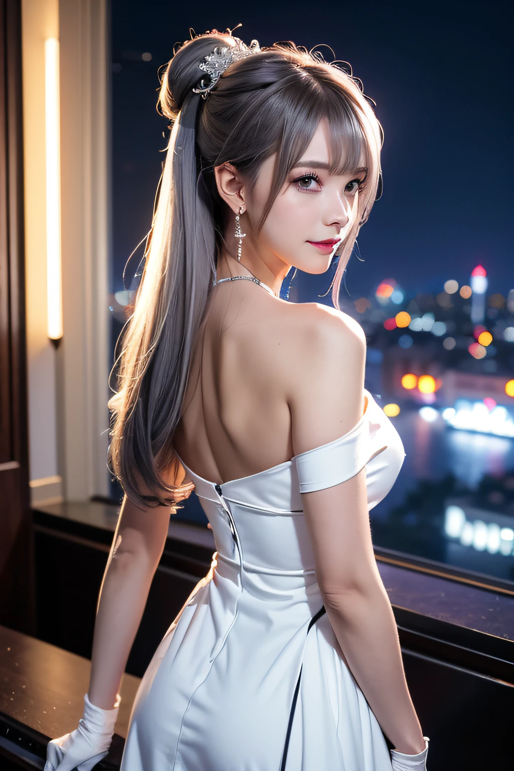 (Realistic painting style:0.9), masutepiece, Best Quality, absurderes, Looking at Viewer, Solo, bronya zaychik (silverwing n-ex), bronya zaychik, Red pupils, 1girl in, Solo, breasts, Long hair, Dress, Grey Hair, cleavage, Looking at Viewer, Smile, Closed mouth, Bangs, grey eyes, Jewelry, single glove, earrings, White Dress, gloves, Bare shoulders, Sleeveless dress, Drill Hair, Sleeveless, Single sleeve, hair between eye, Large breasts, twin drills, White sleeves, Hair Ornament, Single-pole drone, city, Night