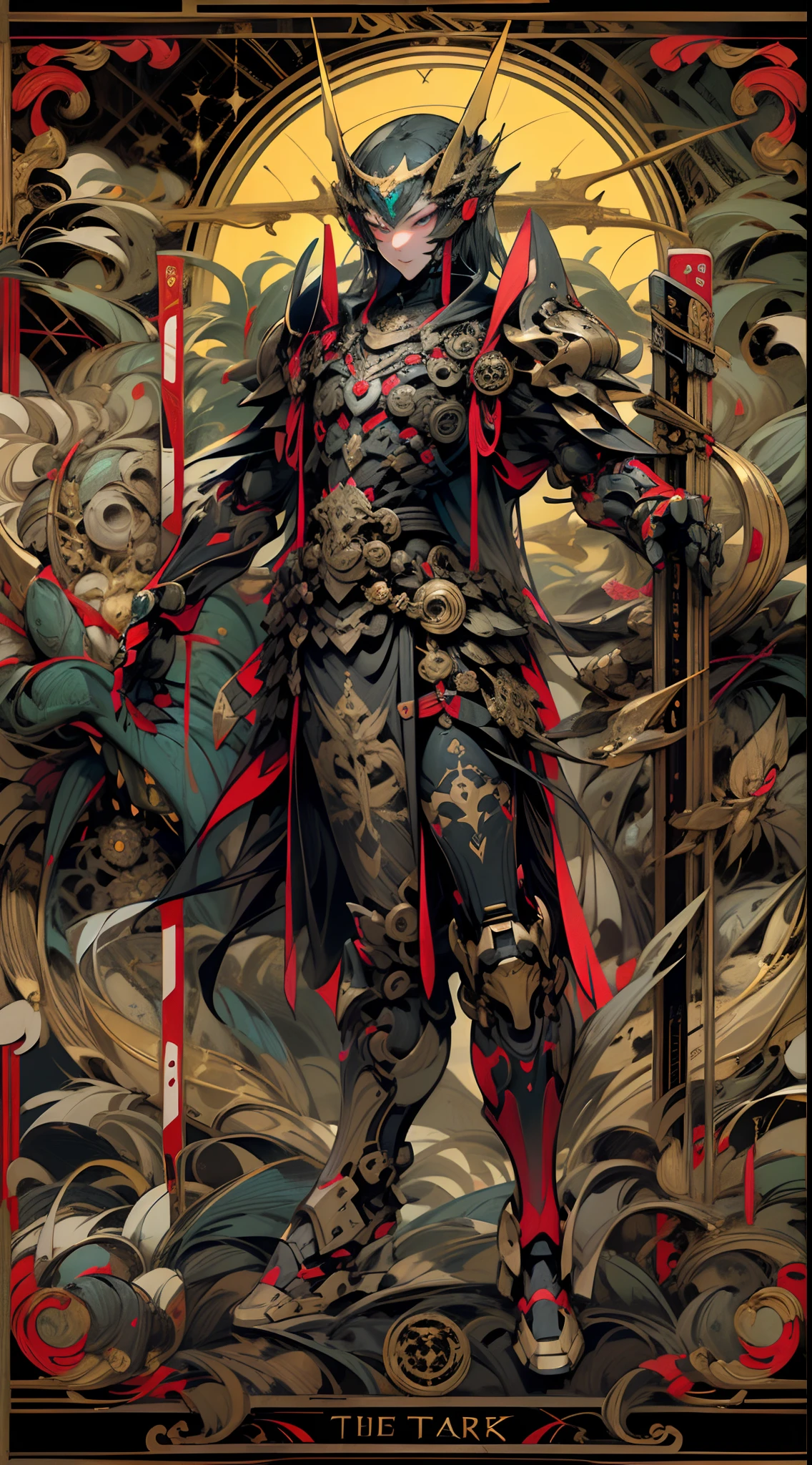 tarot cards，Full tarot border，(The image is surrounded by a tarot card-style border:1.8), 1man mechanical miracle，Robotic presence，cybernetic guardians，Samurai mechanical armor，Katana at the waist，absolutely stunning art，wearing in black cloak，Art of the highest quality，Highest high resolution，hyper-detailing，black and red，A futuristic，samurai robots，atmospurate，8k，64k，k hd，Unbeatable masterpiece，动态照明，cinematic ligh，epic，Dark_Fantasy，cyber punk perssonage，（zentangle，datura，Tangles，entangled）， (s fractal art: 1.3)，holy rays，gold foil，Gold leaf art，glitter drawing，Full tarot border，（Full border 1.5），Fang Yi，