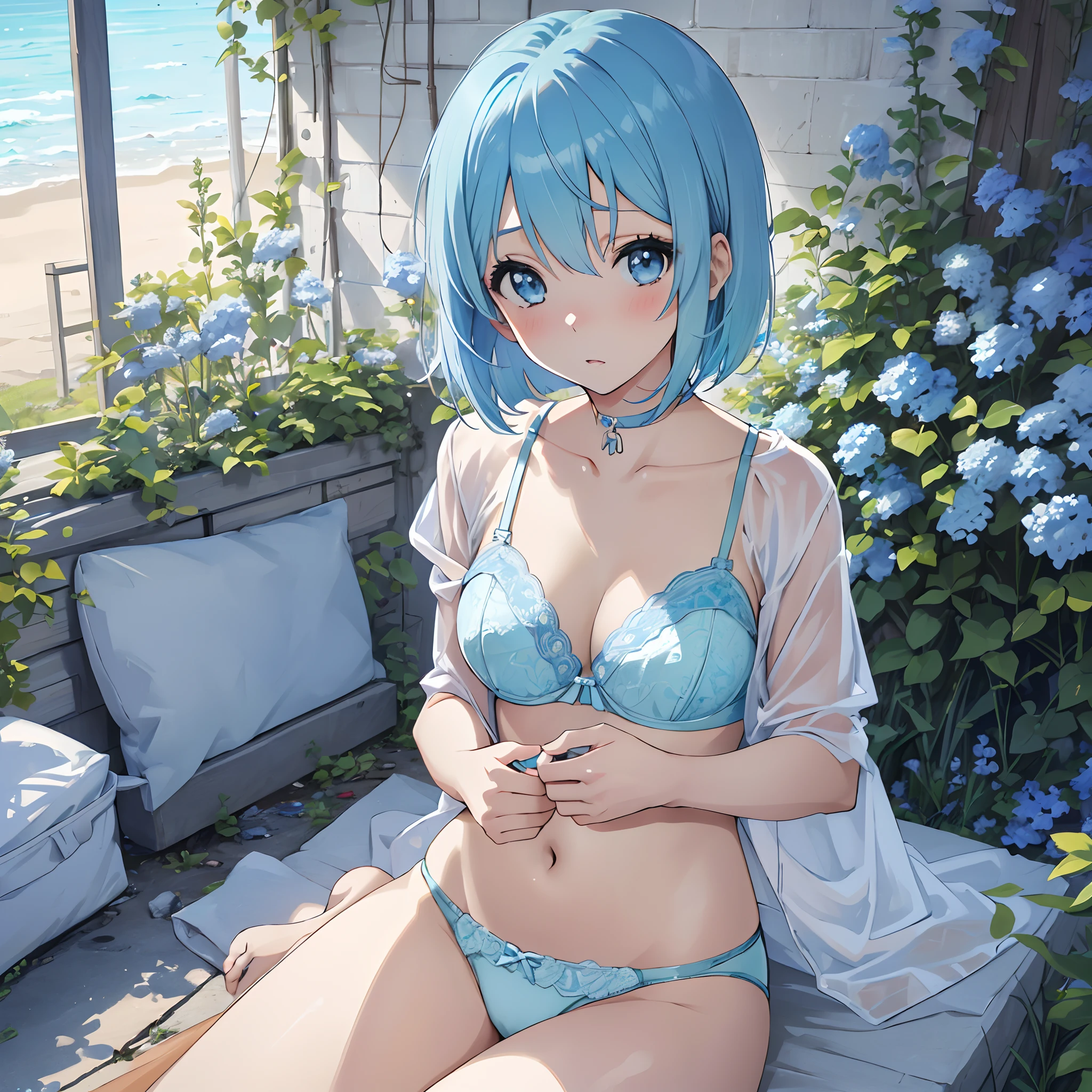 ((masutepiece)), ((Best Quality)), 8K, detaileds, Ultra-detailed, Detailed and Intricicated, 1girl in, lightblue hair, bob cuts, in one's underwear only, Light blue lingerie, Staring at me in embarrassment,