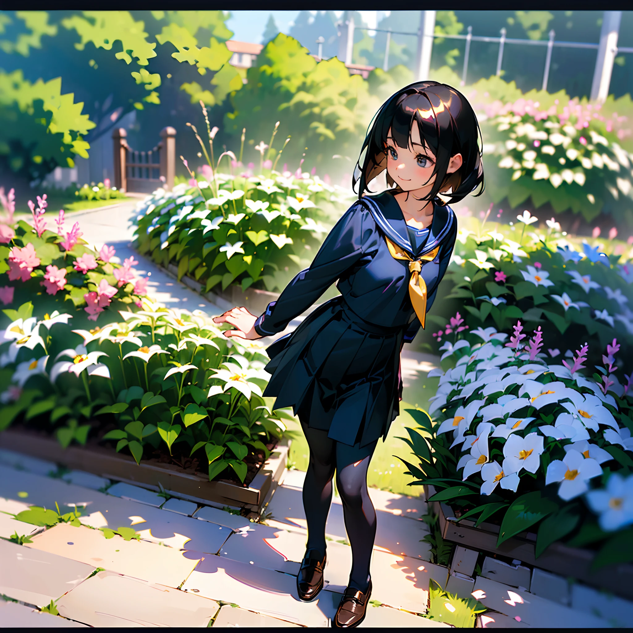 (Best Quality, hight resolution, Ultra-detailed, Realistic:1.37), peaceful ambiance, (plein air, garden), Teenage girl standing alone, Beautiful detailed features, Cute smile, ((Black bob hair)),Navy blue sailor suit, Pleated skirt,Black tights,Brown leather shoes.