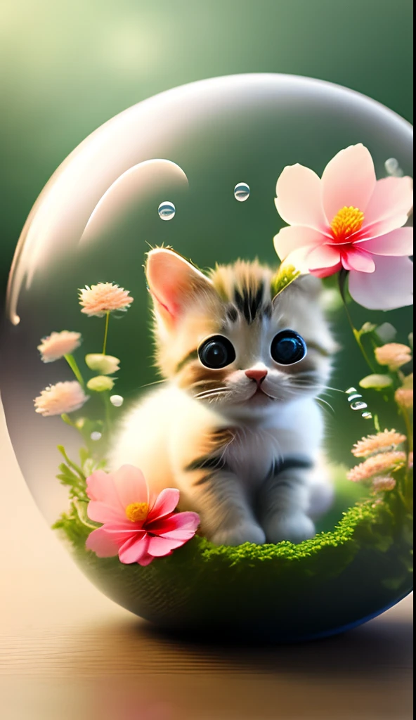 Cute baby cat in a bubble in which flowers and glasses,Full-figured,Raw photo, Realism