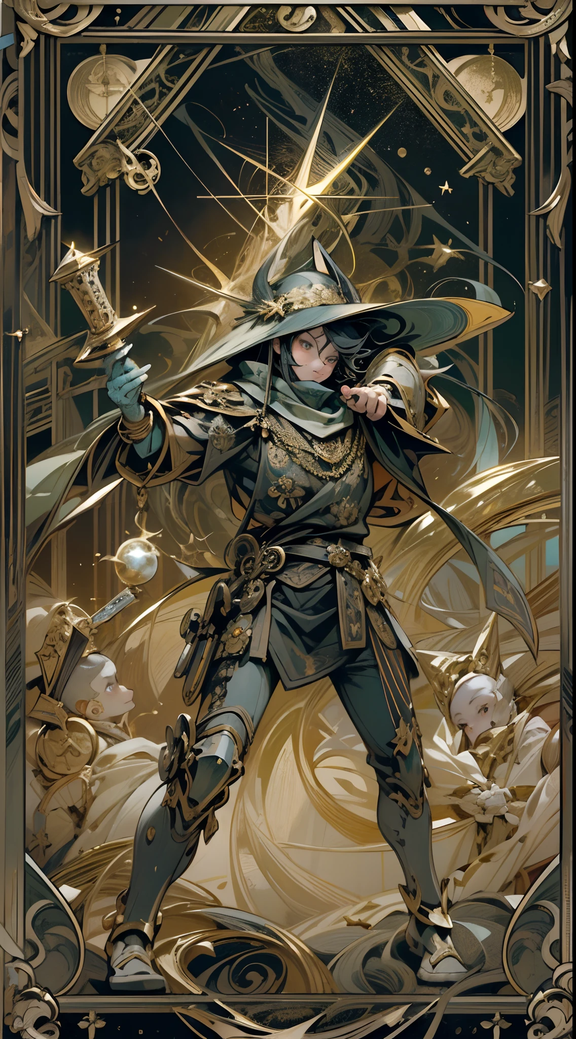 tarot cards,Full tarot border,(The image is surrounded by a tarot card-style border:1.8), 1male people,droid,looking at the stars,A futuristic,metalictexture,Industrial feel,Katana at the waist,absolutely stunning art,Black streamers,Flowing streamers,Art of the highest quality,Highest high resolution,Hyper-detailing,samurai robots,Atmospheric,8K,64k,k hd,Unbeatable masterpiece,动态照明,cinematic ligh,Epic,fantasy,sci-fy, cowboy lens, The most beautiful forms of chaos, Fauvistdesign, vivd colour, romanticism lain, (Background with:City edge,废墟,Starcloud, event horizon,Space fighters,),Vintage style,(zentangle,datura,Tangles,entangled), (s fractal art: 1.3),holy rays,gold foil,Gold leaf art,glitter drawing,Full tarot border,(Full border 1.5),Fang Yi,