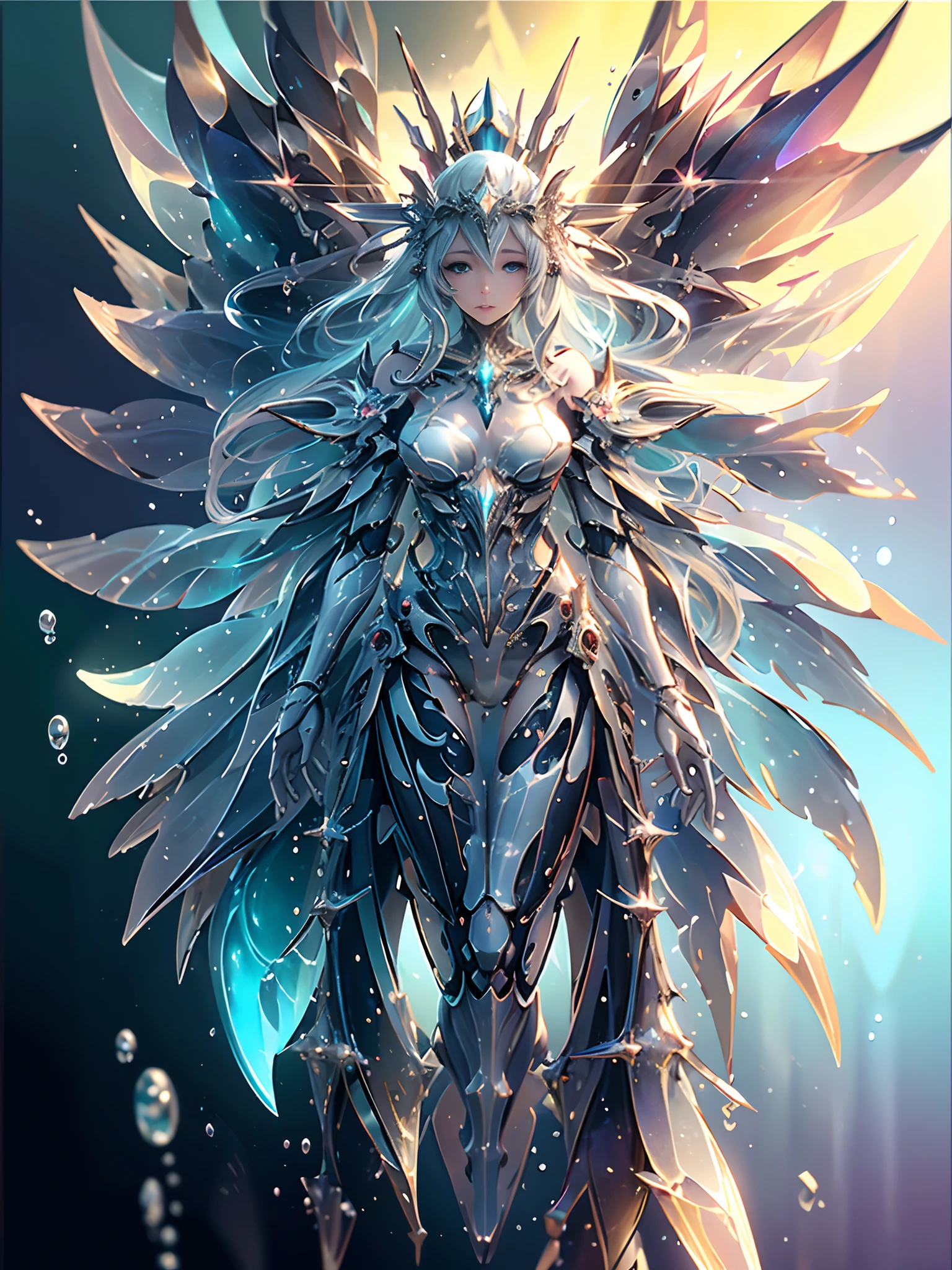 ((Need)), ((tmasterpiece)), (A detailed)),Futuristic translucent ethereal queen of the sea,Futuristic city and futuristic wonderland background of deep sea,Mechanical joints,Colorful rainbow,16k,UHD resolution,Simple composition,anatomy correct,Surreal dreams,Surrealist art fantasy style,Epic digital fantasy art style,Art germ, Broken glass, ((bubbly underwater scenery)) Radiant light octane rendering is highly detailed
