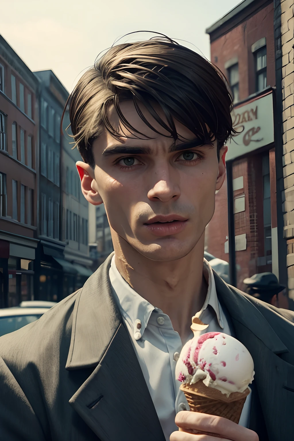 thomas shelby eat ((ice cream:1.2)), cinematic