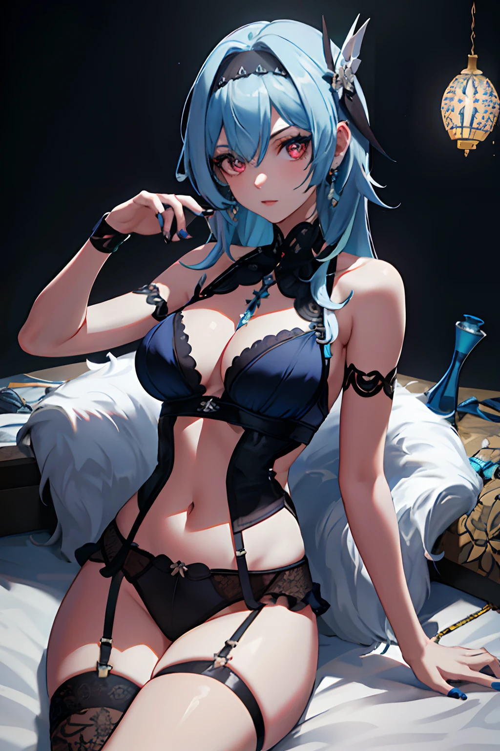 8k, highres, ultra detailed, (masterpiece:1.4), 1girl , bare shoulders , black headband , blue hair , blue nails , foreshortening , gradient eyes , large breasts , lingerie , long hair , looking at viewer, lying , medium hair , multicolored eyes , nail polish , on side , solo , tiara , underwear,eula (genshin impact)