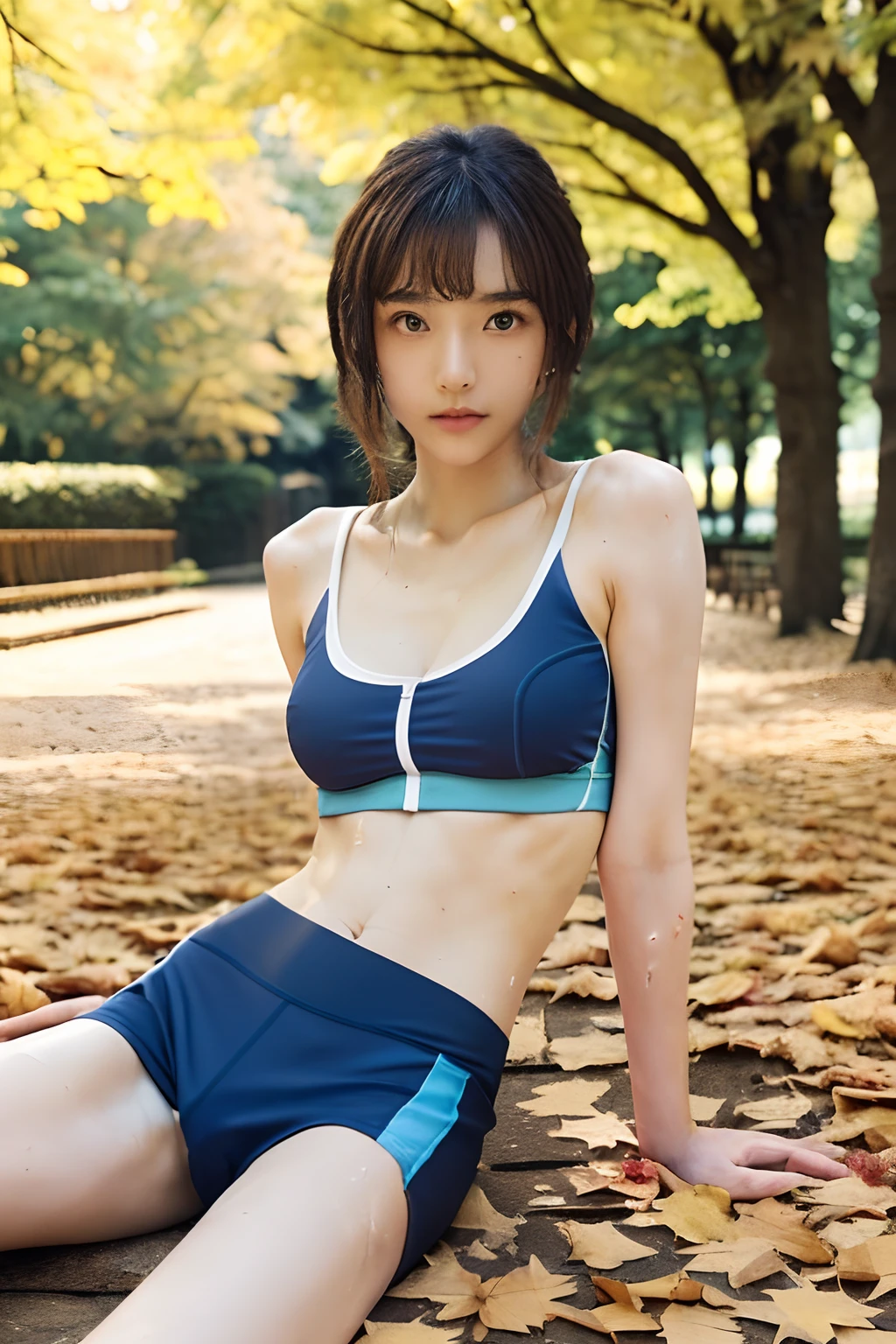 masutepiece, Best Quality, One girl, (japanese beauty girl:1.4), (18 years old:1.3), Very fine eye definition, (Symmetrical eyes:1.3), (fullllbody:1.3)、(Perfect body without contradiction、Perfect limbs without contradiction:1.8)、(Beautiful large breast、Constricted waist:1.4), Brown eyes, Parted bangs, Brown hair、 (In a park full of autumn leaves、in sexy pose、Rest after sports)、(Feminine running wear with thin fabric:1.6)、(Clothing sticks to sweaty skin:1.4)