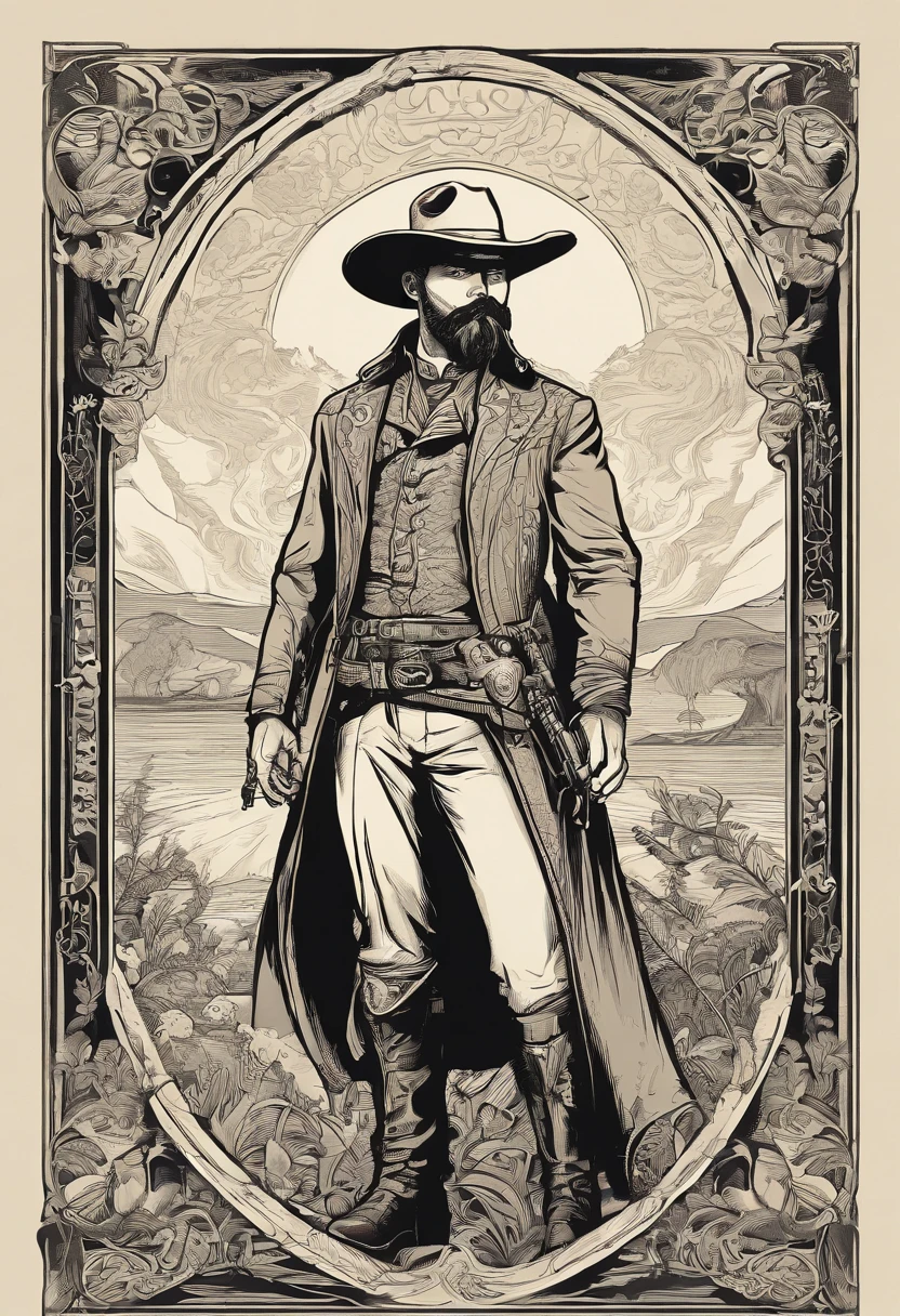 Query: Depiction of a skinny, short-bearded gunslinger from the Wild West in combat with aliens, In the style of comic books. Translation into Portuguese: Depiction of a skinny, short-bearded gunslinger from the Wild West in combat with aliens, In the style of comic books.