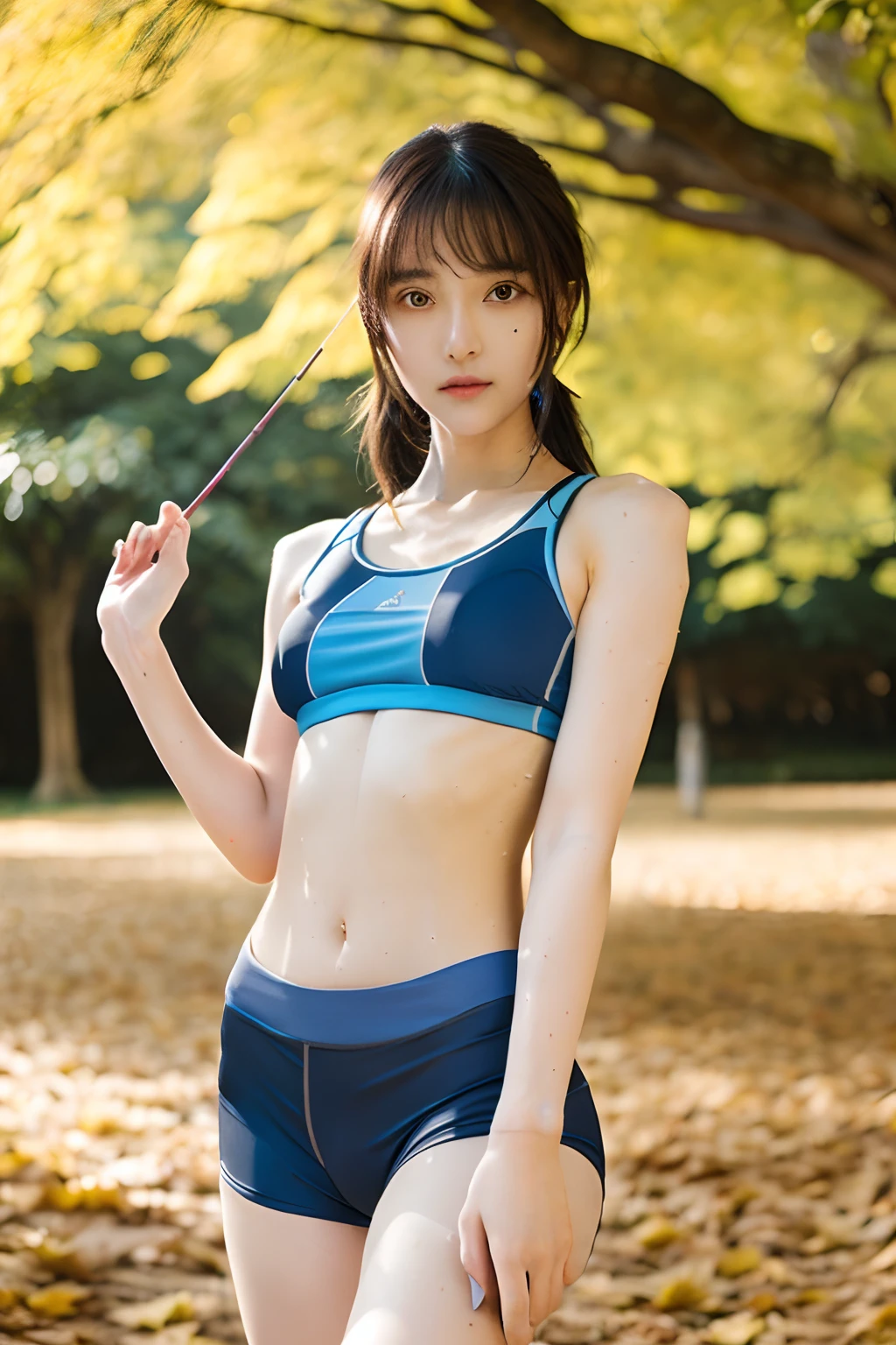 masutepiece, Best Quality, One girl, (japanese beauty girl:1.4), (18 years old:1.3), Very fine eye definition, (Symmetrical eyes:1.3), (fullllbody:1.3)、(Perfect body without contradiction、Perfect limbs without contradiction:1.8)、(Beautiful large breast、Constricted waist:1.4), Brown eyes, Parted bangs, Brown hair、 (In a park full of autumn leaves、in sexy pose、Rest after sports)、(Feminine running wear with thin fabric:1.6)、(Clothing sticks to sweaty skin:1.4)