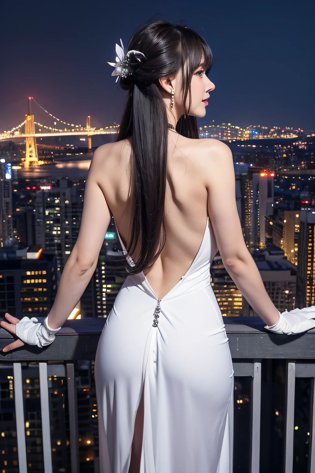 view from back、(Realistic painting style:0.9), masutepiece, Best Quality, absurderes, Looking at Viewer, Solo, bronya zaychik (silverwing n-ex), bronya zaychik, Red pupils, 1girl in, Solo, breasts, Long hair, Dress, Grey Hair, cleavage, Looking at Viewer, Smile, Closed mouth, Bangs, grey eyes, Jewelry, single glove, earrings, White Dress, gloves, Bare shoulders, Sleeveless dress, Drill Hair, Sleeveless, Single sleeve, hair between eye, Large breasts, twin drills, White sleeves, Hair Ornament, Single-pole drone, city, Night、view from back