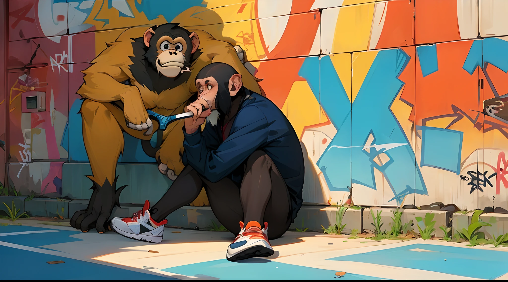 Chimp smoking blunt leaning against a graffitied wall on a street corner in the background a pair of tennis shoes can be seen hanging of telephone lines