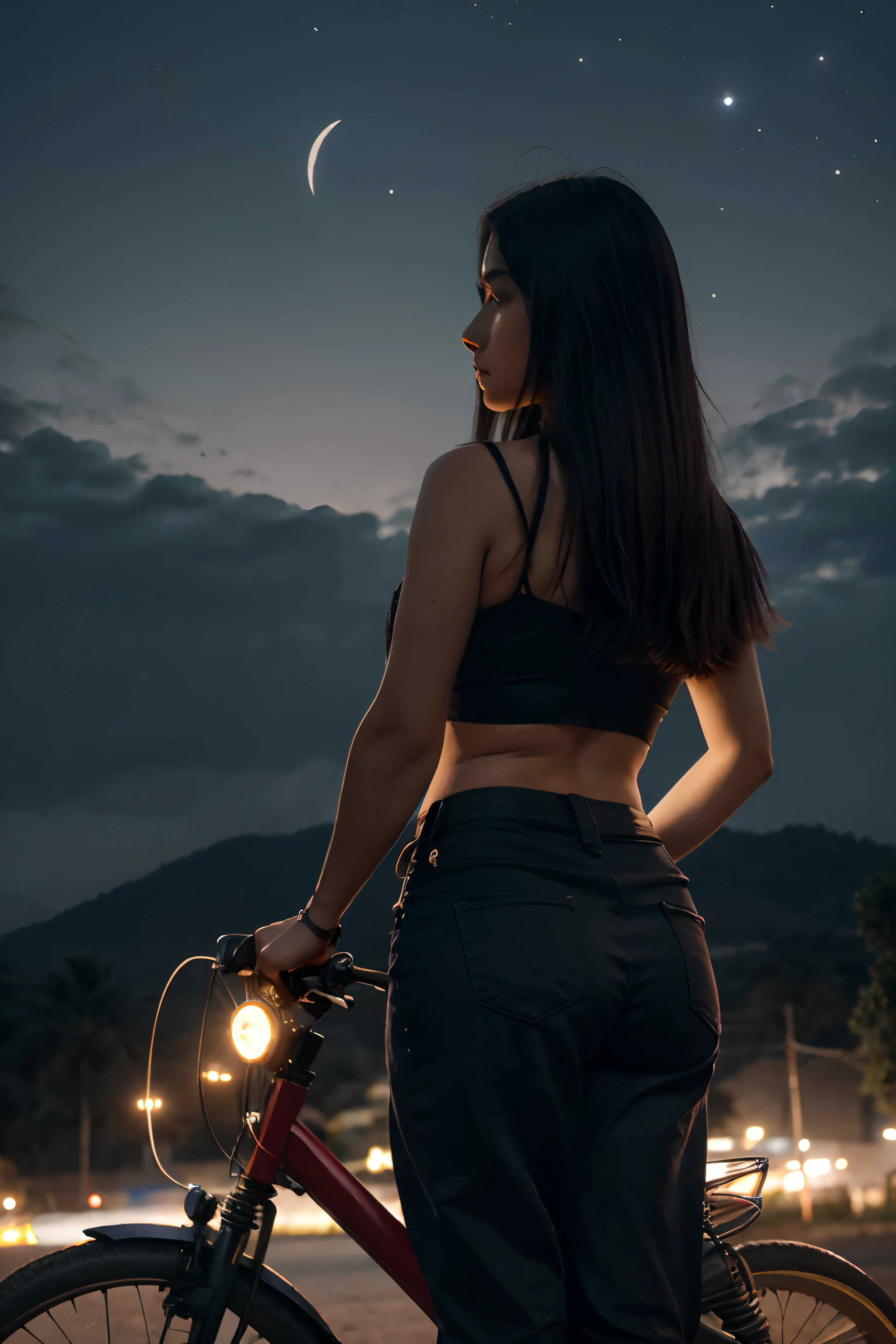 (master part), (best quality), (Melhor detalhe), (distant overview), (selo),(main color of illustration: vermelho saturado brilhante), (secondary color: lapis lazuli), uma motocicleta vermelha conduzida por uma mulher com postura desafiadora, chassi muito detalhado, futuristic western setting, Noite (muitas estrelas, lua), sombreamento (circunstanciado, muito contraste), cores de polpa muito saturadas