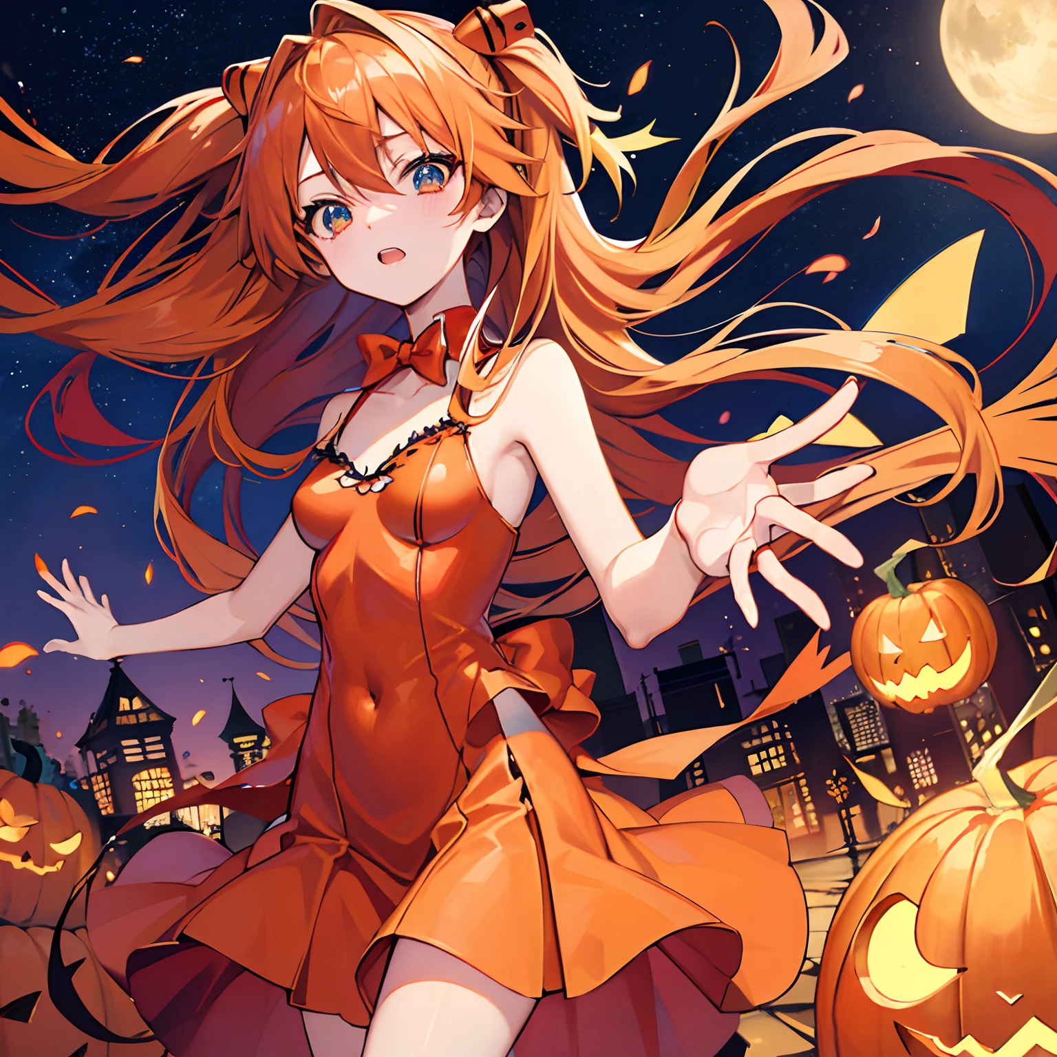 (top-quality、masutepiece)、Asuka Langley、(((Delicat eyes)))、nightcity、Pumpkin Objects