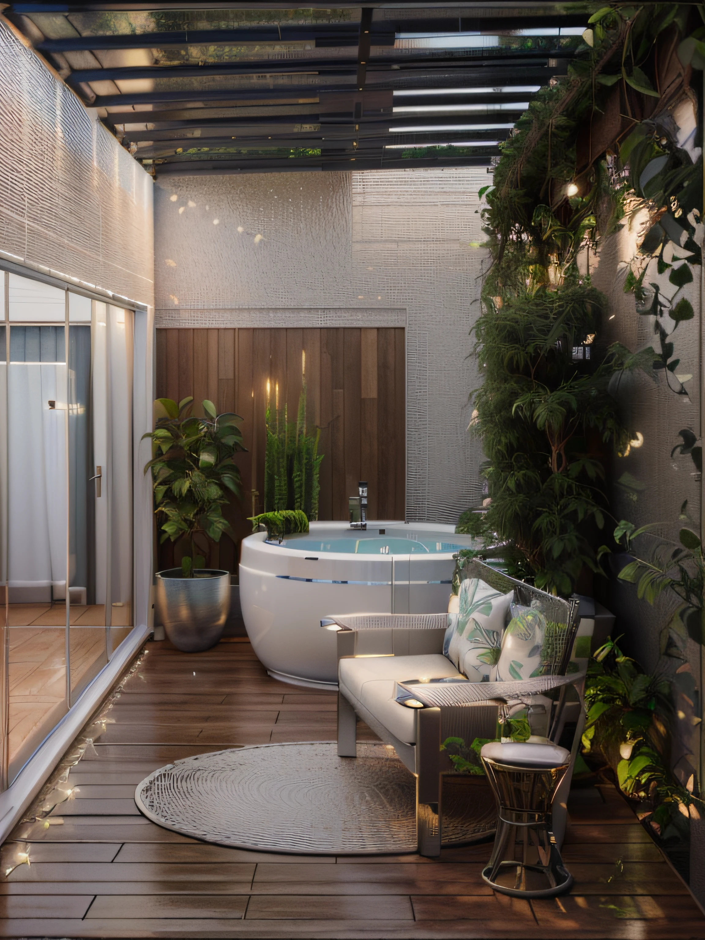 A rendering of a garden with a bathtub and a bench with cushions, pequena mesinha, tapete, vaso de planta, hidromassagem, pergolado no teto, luz entrando pelo teto, Skylight, janela de vidro, porta de vidro, luz entrando, sunset, Detailed rendering, enscape render, renderizado no enscape, Casa Conceito, detail render, digital render, Terrarium lounge area, photographic render, concept eclectic, projeto residencial, 2 d render, detailed render, humor biofilia, architectural visualisation, plants and patio, high detail 3 d render, tons escuros, parede cinza, janela de vidro com metal preto, metais em preto, wooden floor, janela ao fundo com cortina,