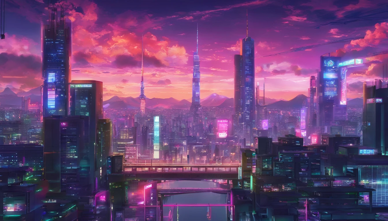 Close-up of city with neon lights at sunset background, synthwave city, vaporwave city, synthwave aesthetic, Neon city in the background, The backdrop of the new Tokyo, Neon metropolis in the background, futuristic urban background, cyberpunk aesthetics, The backstory of the city is cyberpunk, purple cyberpunk city, Cyberpunk city setting, cyberpunk aesthetics, cyberpunk atmosphere, cyberpunk city landscape,Anime Cloud, anime backgrounds, Anime Sky, in the style of makoto shinkai, beautifull puffy clouds. anime big breast, Makoto Shinkai's style, makoto sinkai!, beautiful anime scenery, Adapted from Makoto Shinkai, anime landscape wallpapers, makoto sinkai!!, makoto shinkai art style,japanaese girl,Pale skin,beauitful face(Purple hair)Red jacket,Tokyo at night, has cyberpunk style,japanese streetwear,tokyo fashion,Wearing a cyberpunk 2 jacket 0 7 7,whole-length,Attractive pose,Bottom view