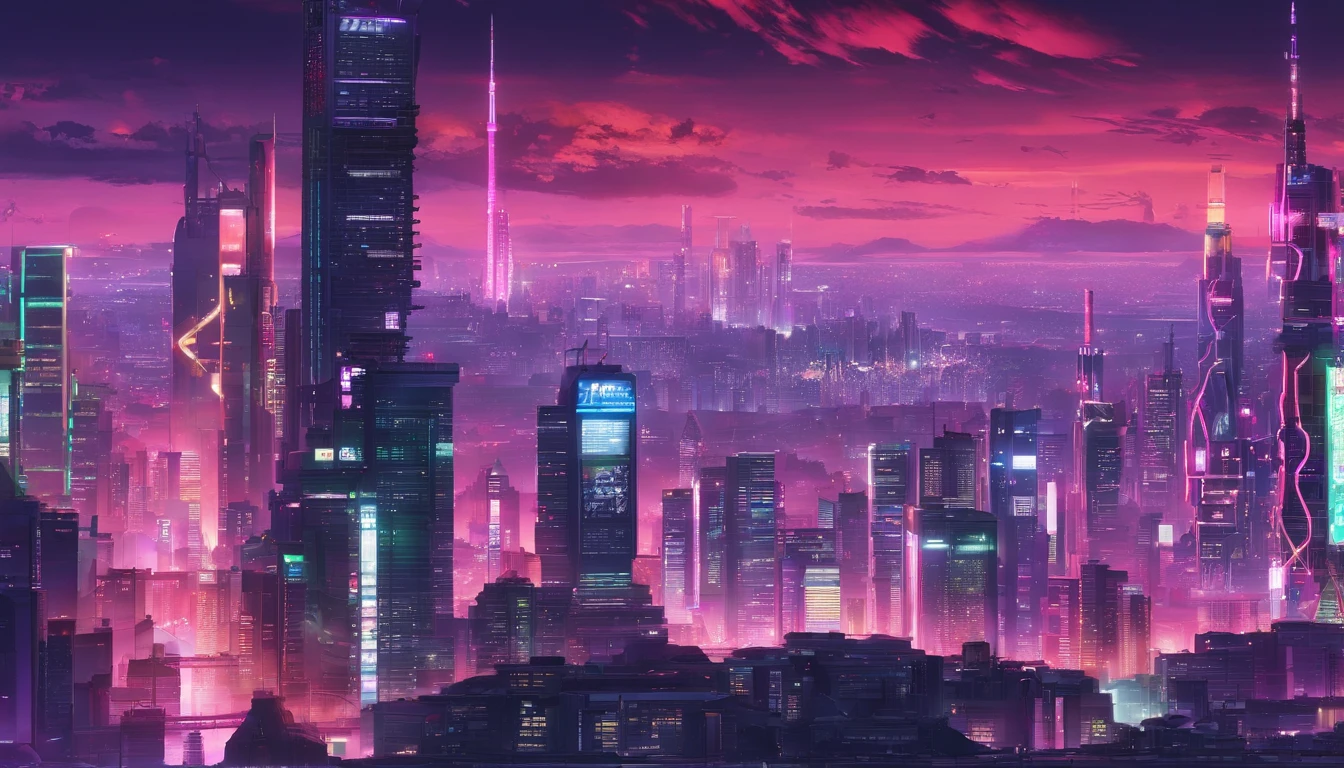 Close-up of city with neon lights at sunset background, synthwave city, vaporwave city, synthwave aesthetic, Neon city in the background, The backdrop of the new Tokyo, Neon metropolis in the background, futuristic urban background, cyberpunk aesthetics, The backstory of the city is cyberpunk, purple cyberpunk city, Cyberpunk city setting, cyberpunk aesthetics, cyberpunk atmosphere, cyberpunk city landscape,Anime Cloud, anime backgrounds, Anime Sky, in the style of makoto shinkai, beautifull puffy clouds. anime big breast, Makoto Shinkai's style, makoto sinkai!, beautiful anime scenery, Adapted from Makoto Shinkai, anime landscape wallpapers, makoto sinkai!!, makoto shinkai art style,japanaese girl,Pale skin,beauitful face(Purple hair)Red jacket,Tokyo at night, has cyberpunk style,japanese streetwear,tokyo fashion,Wearing a cyberpunk 2 jacket 0 7 7,whole-length,Attractive pose,Bottom view
