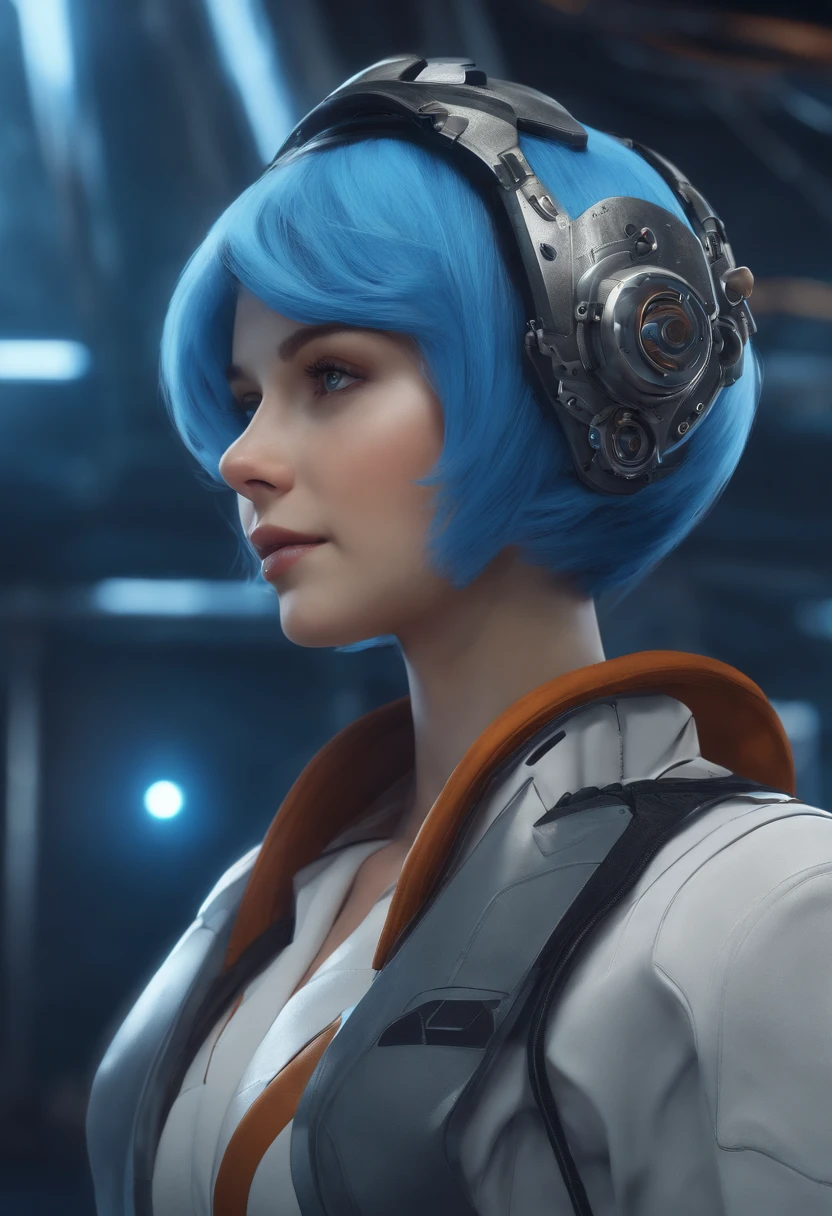 mechanical, Mecca, One Person, Solo, Short hair, Profile, upper half body, Sci-fi, Smile, Blue hair, (headgear:1), Technical background,