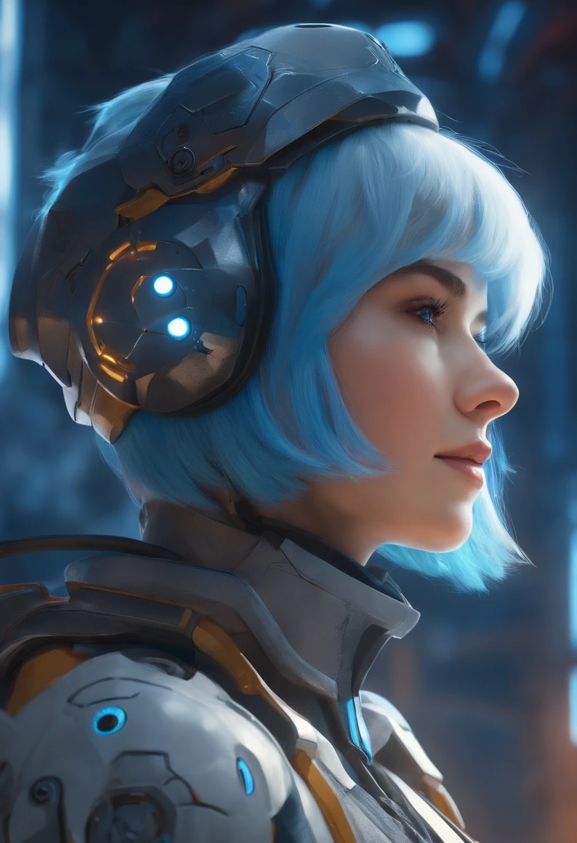mechanical, Mecca, One Person, Solo, Short hair, Profile, upper half body, Sci-fi, Smile, Blue hair, (headgear:1), Technical background,