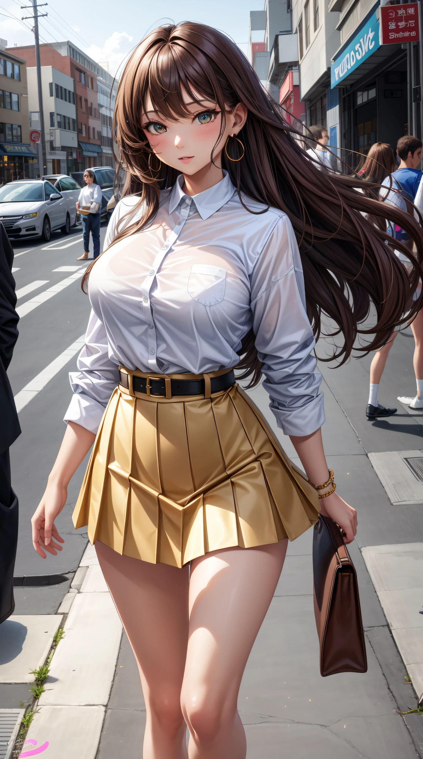 (best quality:1.5, highres, UHD, 4K, detailed lighting, shaders), brown wavy hair, gradient hair, large breasts, woman small shirt, small skirt, white panties, pwhite skirt, (pov), full body, white background, colorful eyeshadow, dramatic lighting, sparkling eyes, confident expression, golden earrings, flowing hair, delicate facial features, soft skin, high cheekbones, stylish clothing, urban setting, walking, picture at the back, white background