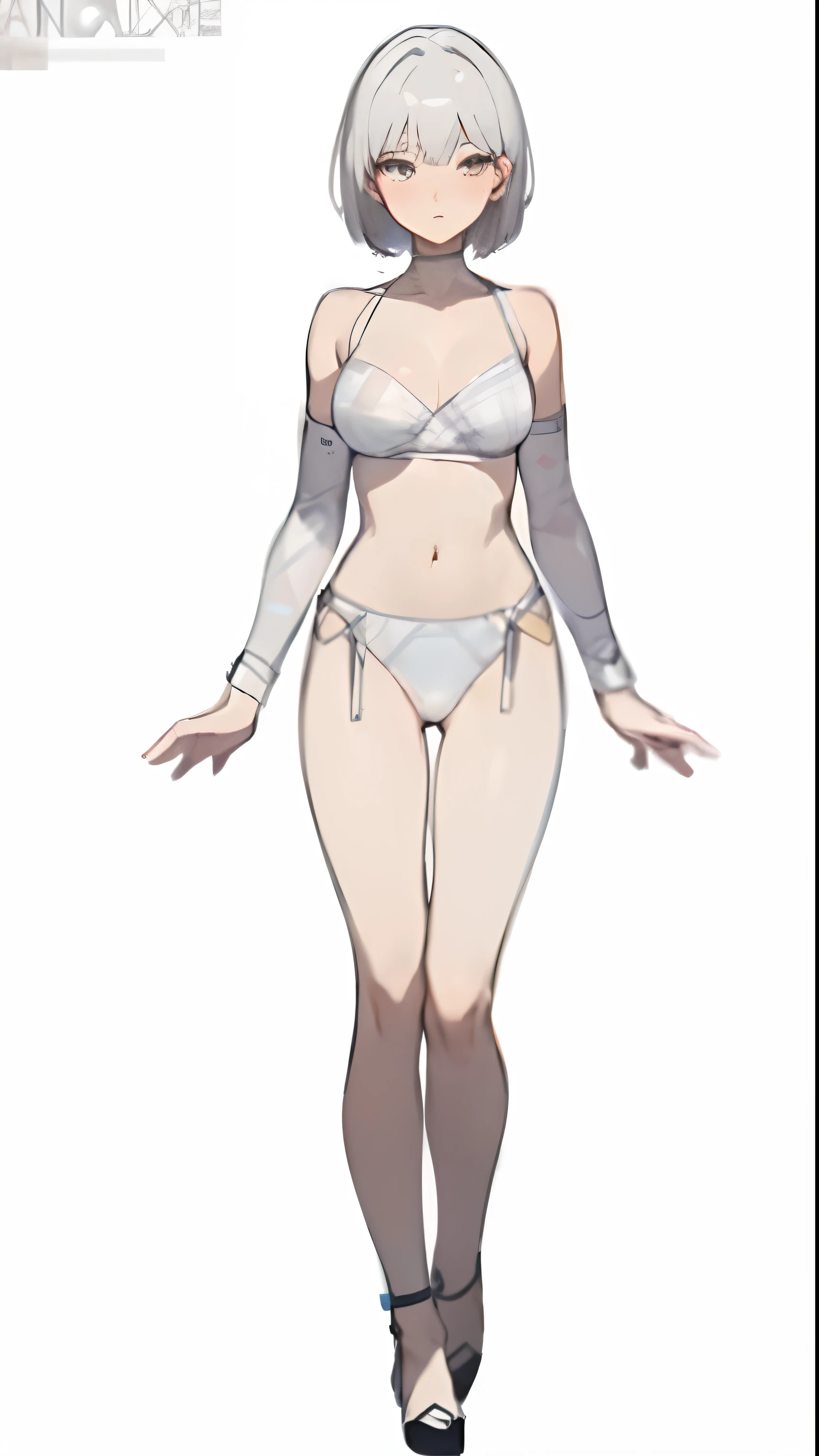 a close up of a person in a bikini and a bodysuit, full character body, anime full body illustration, full body adoptable, full body concept, female full body, full body picture, clear outfit design, perfectly shaded body, detailed full body concept, single character full body, full body illustration, smooth white tight clothes suit, entire body, full body details, no shoes, beautiful woman, detailed face, make a closeup of her face with a plaid expression, give her a wolf cut, gray hair, plaid expression, close up face and full body front view, no clothes, 2D, anime style, occidental face, detailed