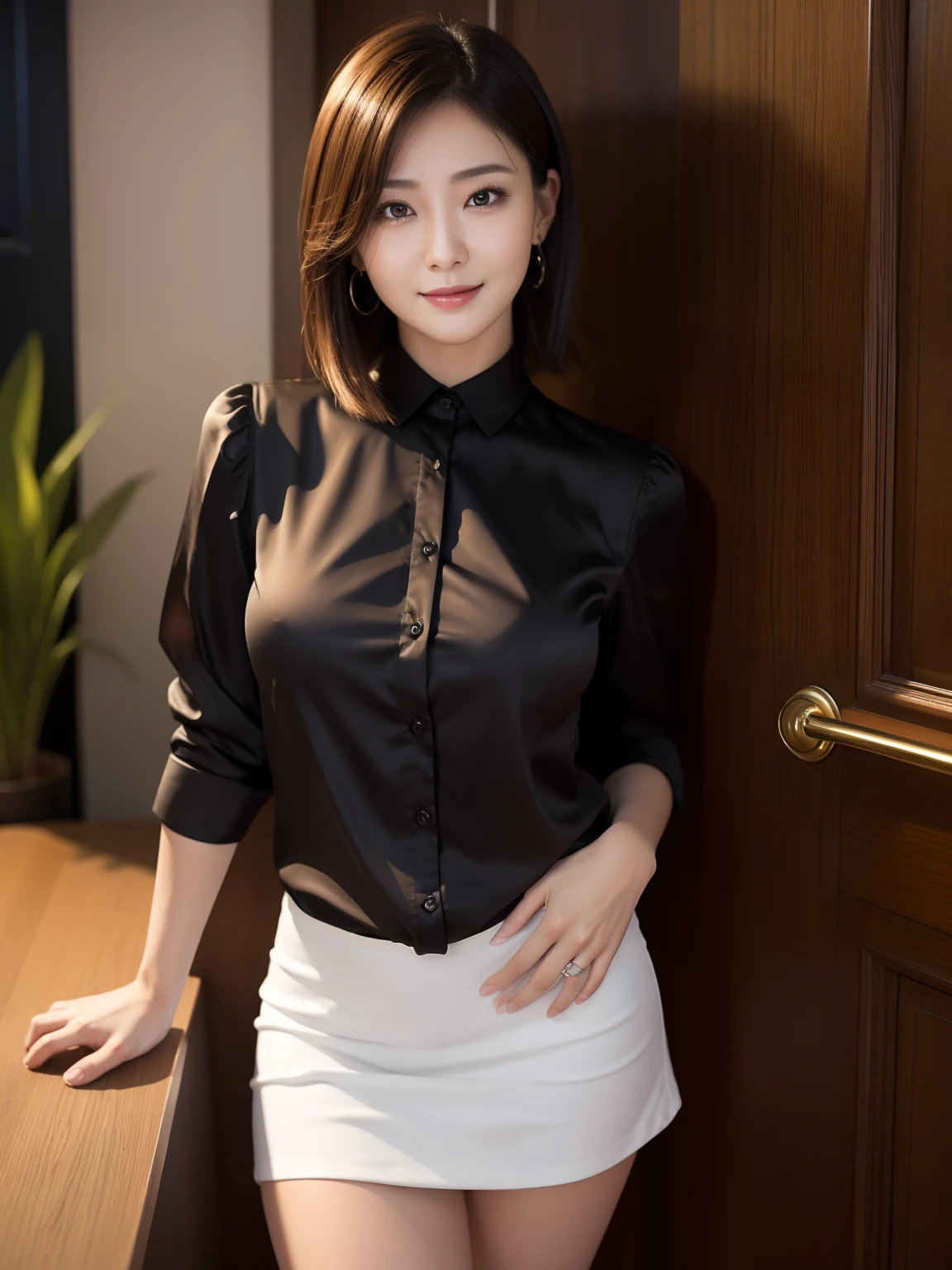 ((masterpiece))、((top-quality))、a picture、Realisticity、high-level image quality、Advanced depth of field、ultra-detailliert、Realistic lighting、married woman、age 30s、Delicate facial features、a short bob、dishevled hair、Realistic backgrounds and accessories、large full breasts、Sexy smile、a captivating gaze、Office at night、Satin Black Shirt、a miniskirt、thighs thighs thighs thighs、Stand in front of the door、Dark indoor、