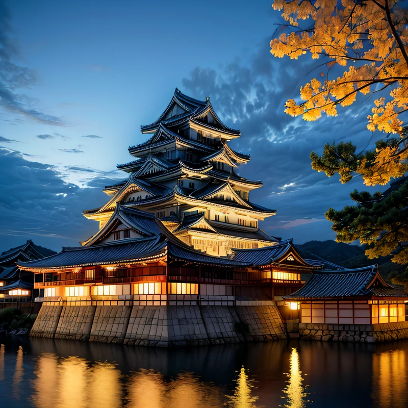 Glows in pale (neon light:1.2) at night Himeji Castle a World Heritage Site, Glows in pale (black light:1.2) at night Himeji Castle a National Treasure of Japan, BREAK ((Best Quality, 8k))